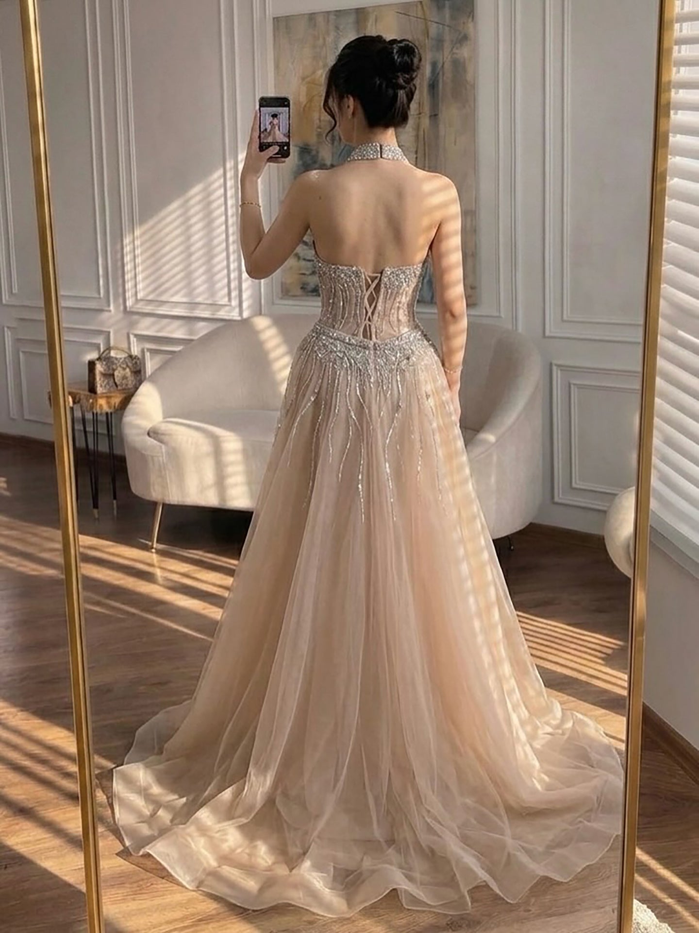 Luxury Nude Crystal Beaded Halter Neck Mermaid Evening Dress with Tulle Overskirt LA73530 SERENE HILL
