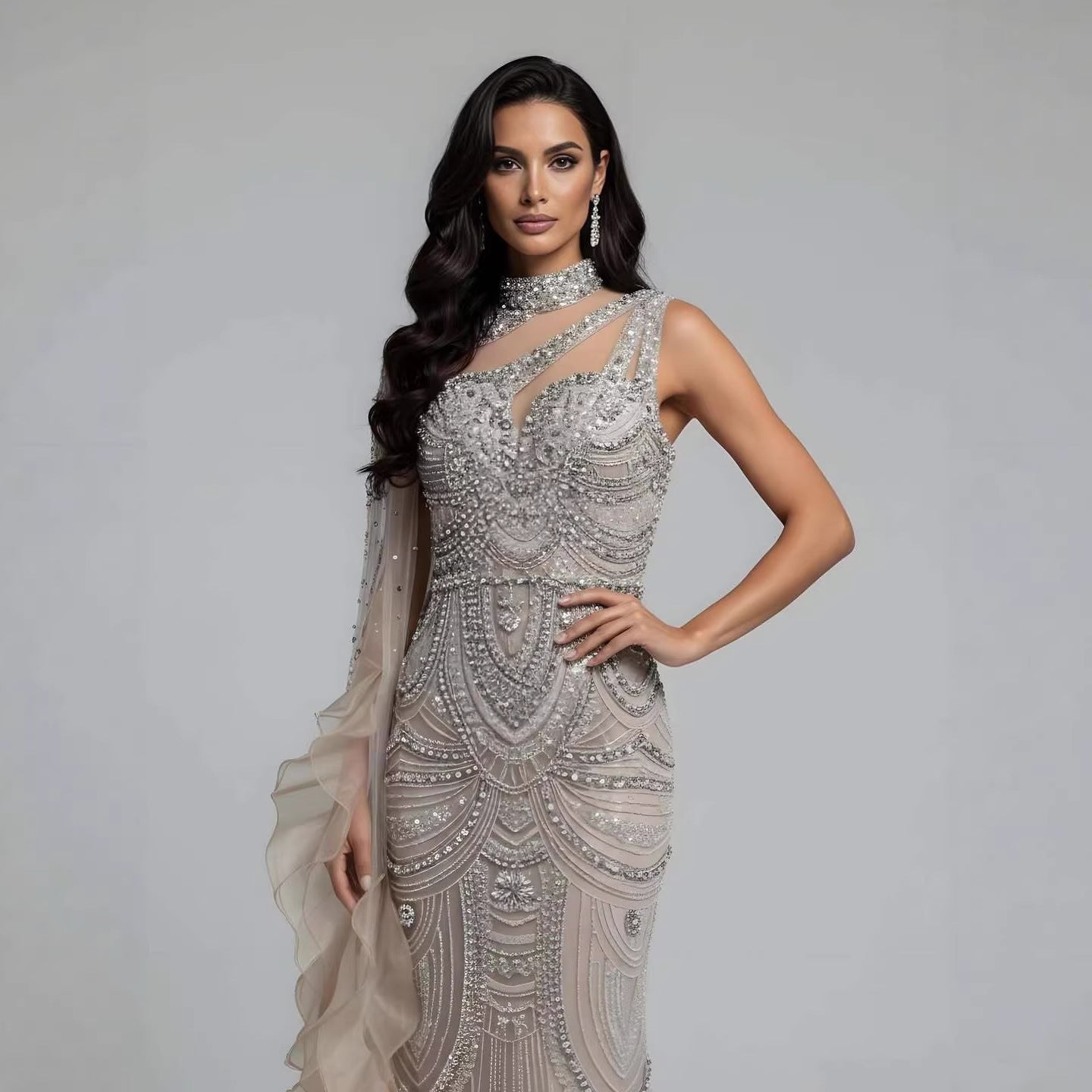 Luxury Nude Crystal One Shoulder Beaded Mermaid Evening Dress LA73533 - SERENE HILL