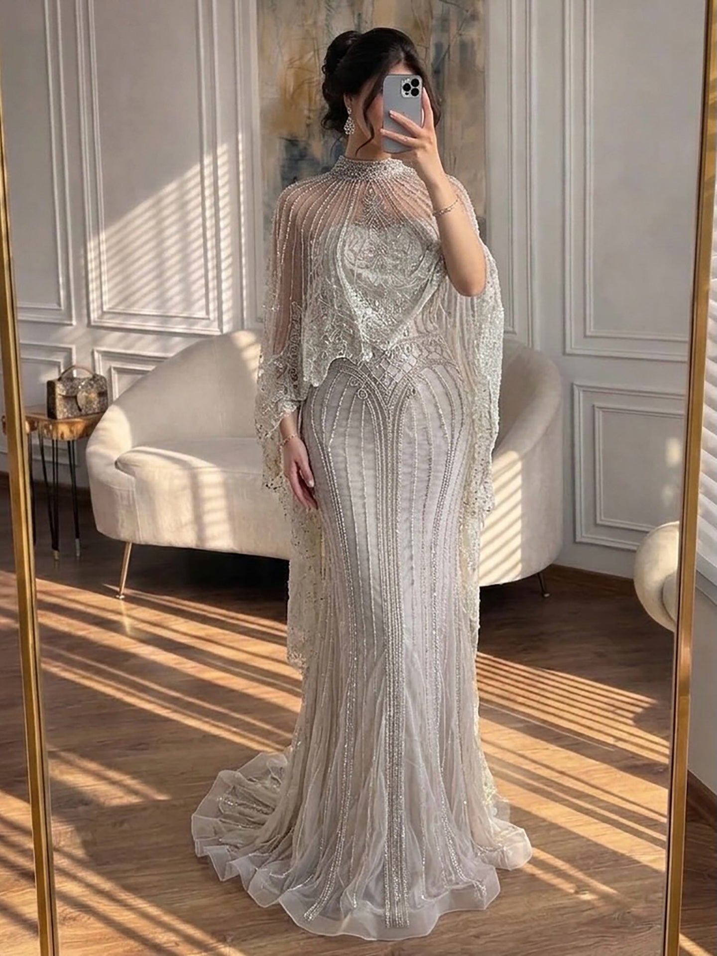Luxury Nude Crystal Beaded High Neck Evening Dress with Long Cape LA73534 SERENE HILL