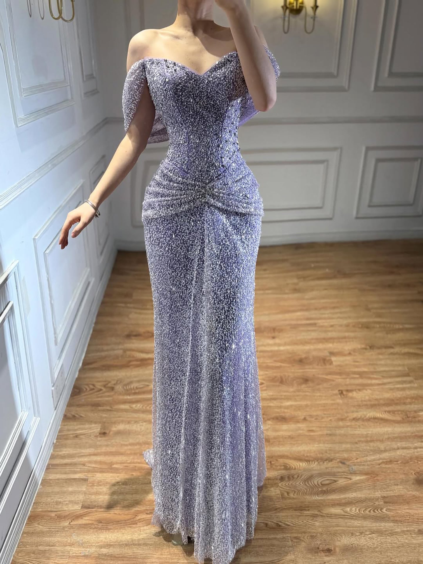 Luxury Purple Crystal Beaded Mermaid Evening Dress with Sleeves LA73539 - SERENE HILL