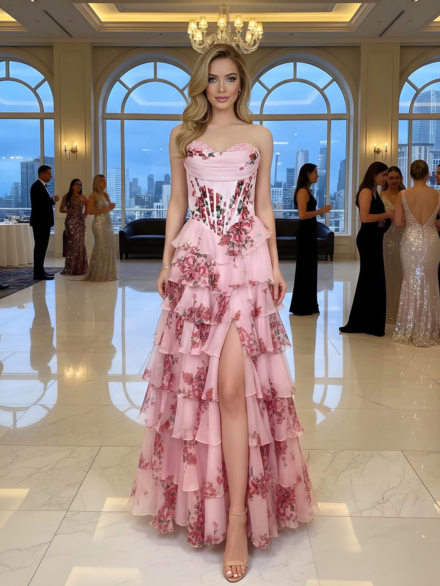 Luxury Pink Floral Print Corset Ruffle A-Line Prom Dress LA73541