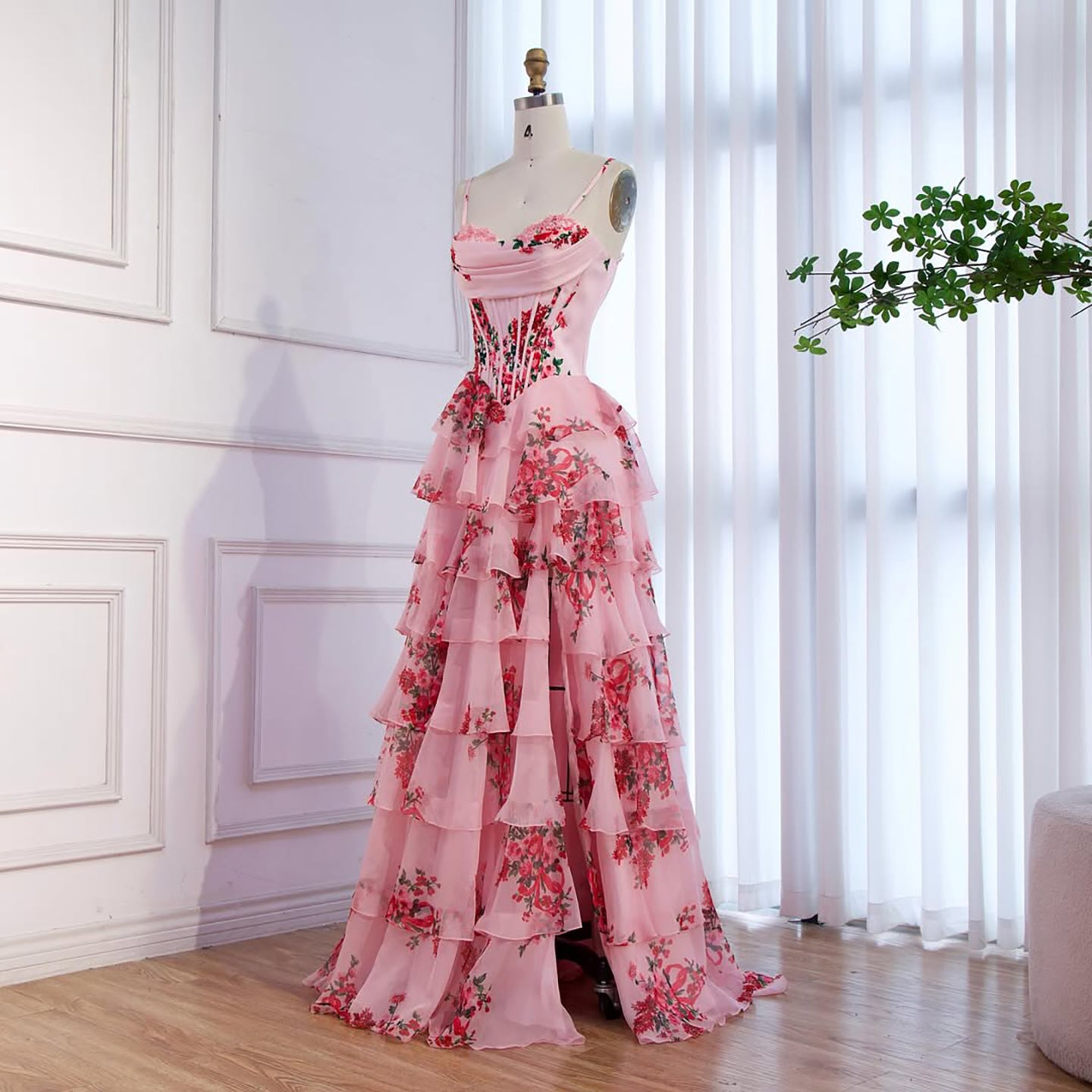 Luxury Pink Floral Print Corset Ruffle A-Line Prom Dress LA73541
