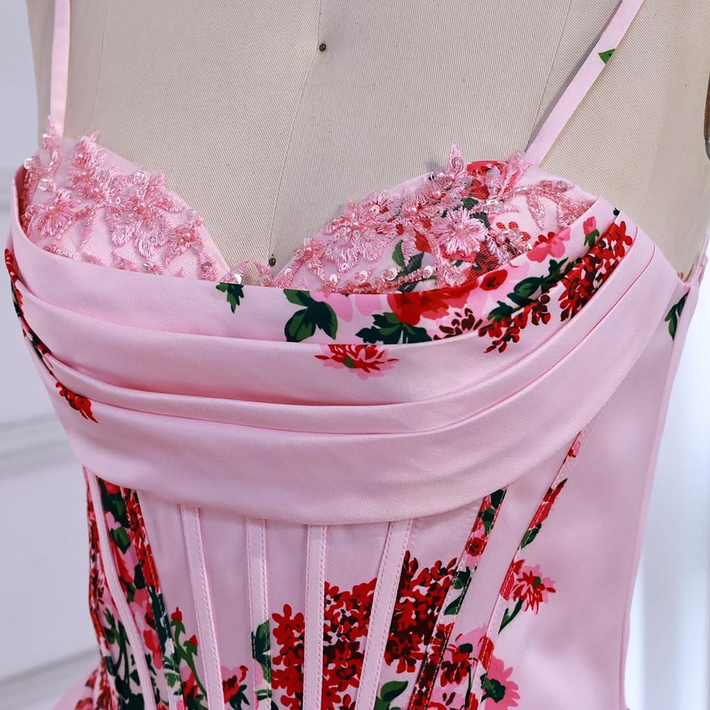 Luxury Pink Floral Print Corset Ruffle A-Line Prom Dress LA73541