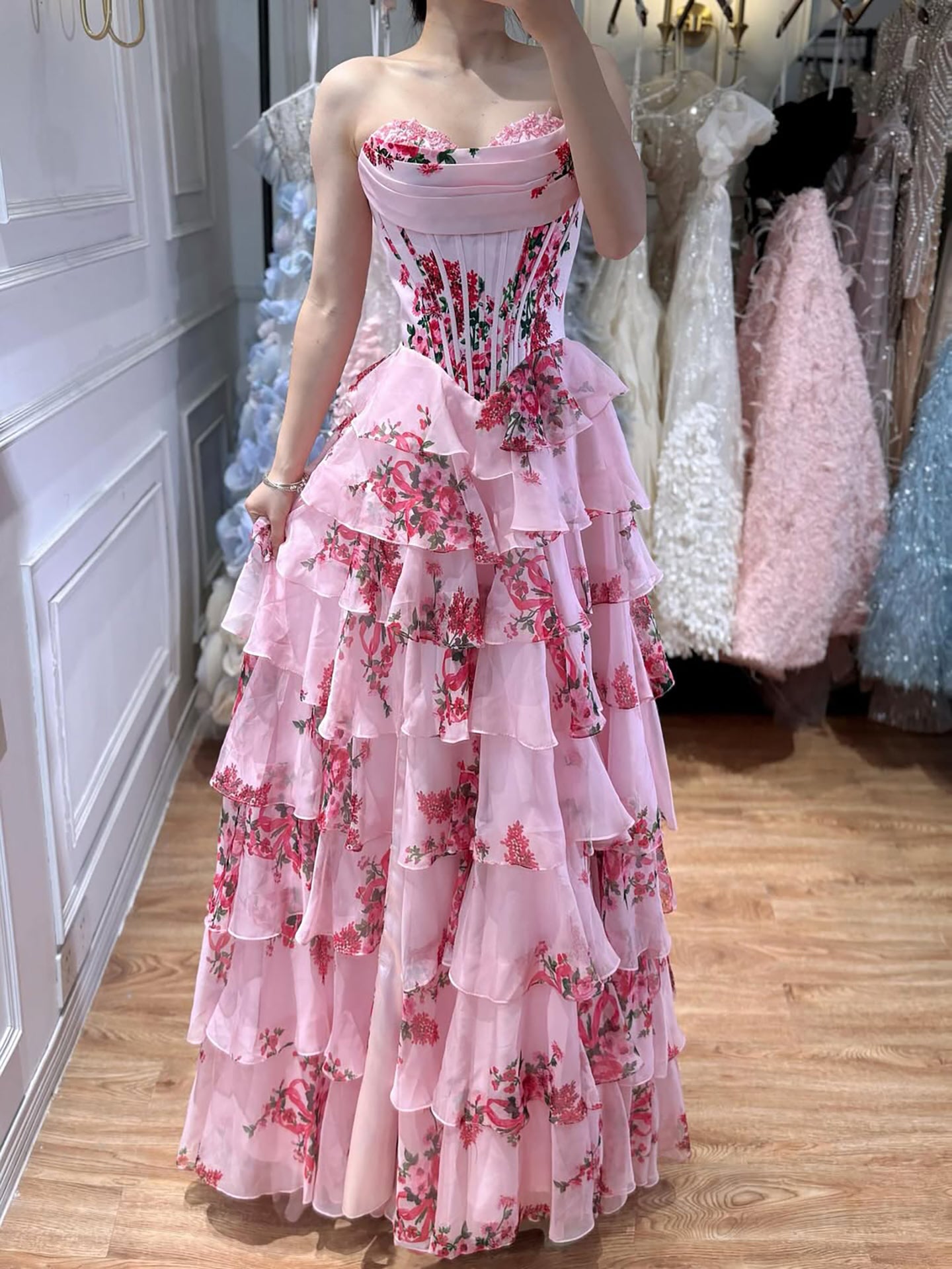 Luxury Pink Floral Print Corset Ruffle A-Line Prom Dress LA73541