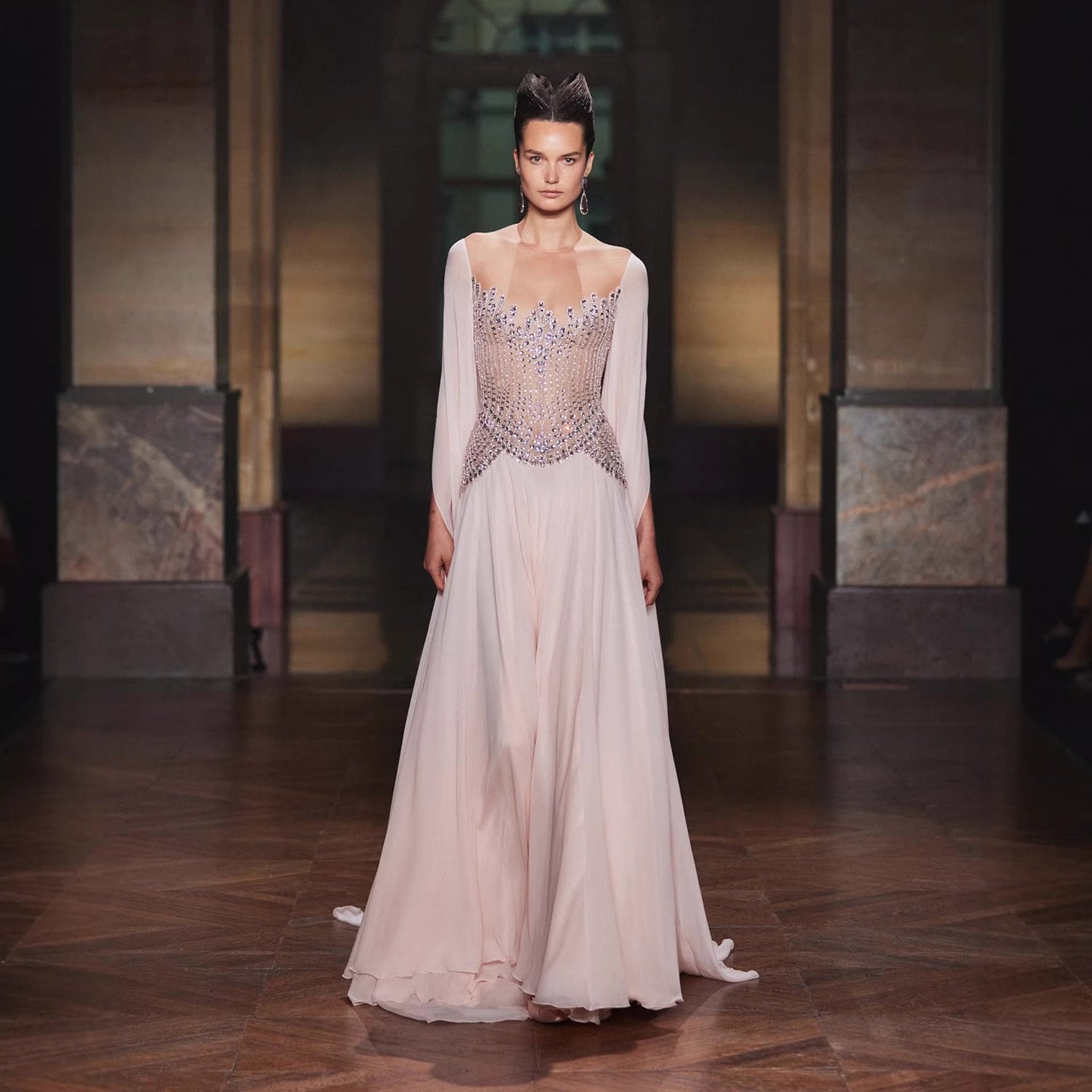 Luxury Nude Pink Crystal Beaded Evening Dress With Cape Sleeves LA73543