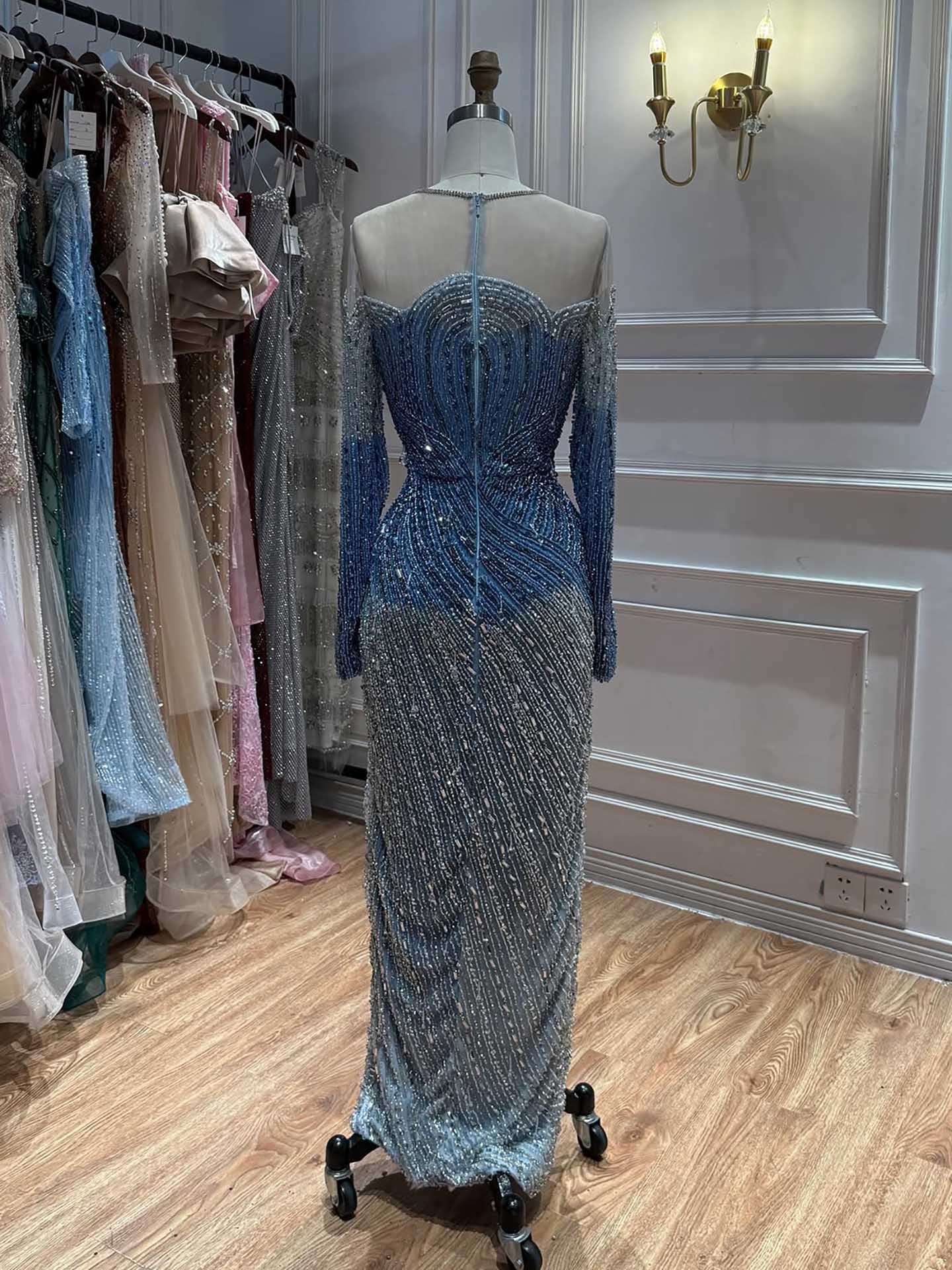 Luxury Blue Crystal Beaded Mermaid Evening Dress For Formal Wedding Party LA73544