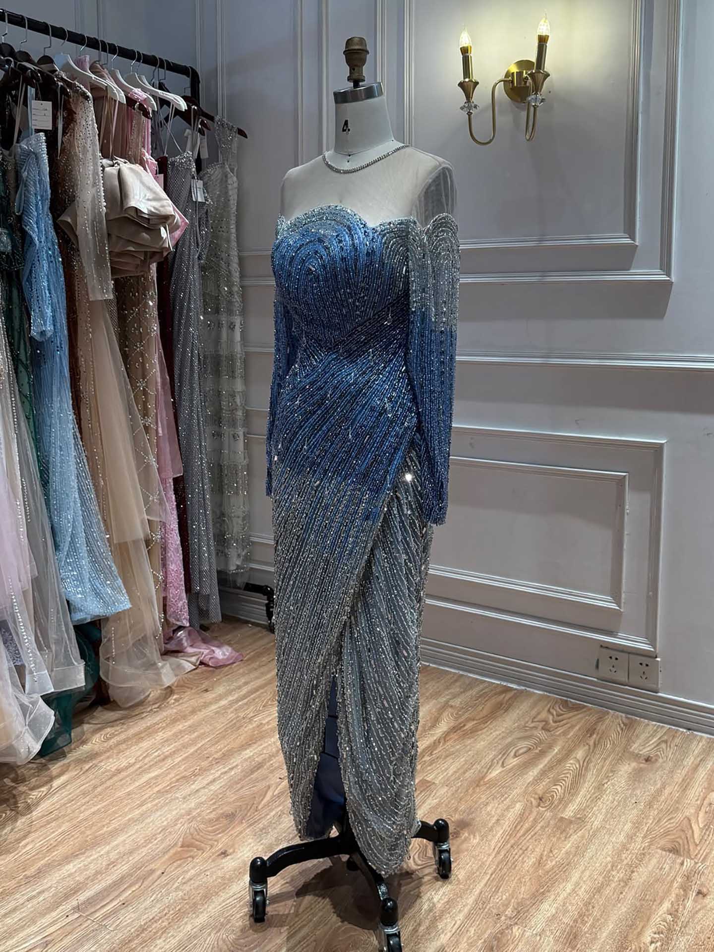 Luxury Blue Crystal Beaded Mermaid Evening Dress For Formal Wedding Party LA73544