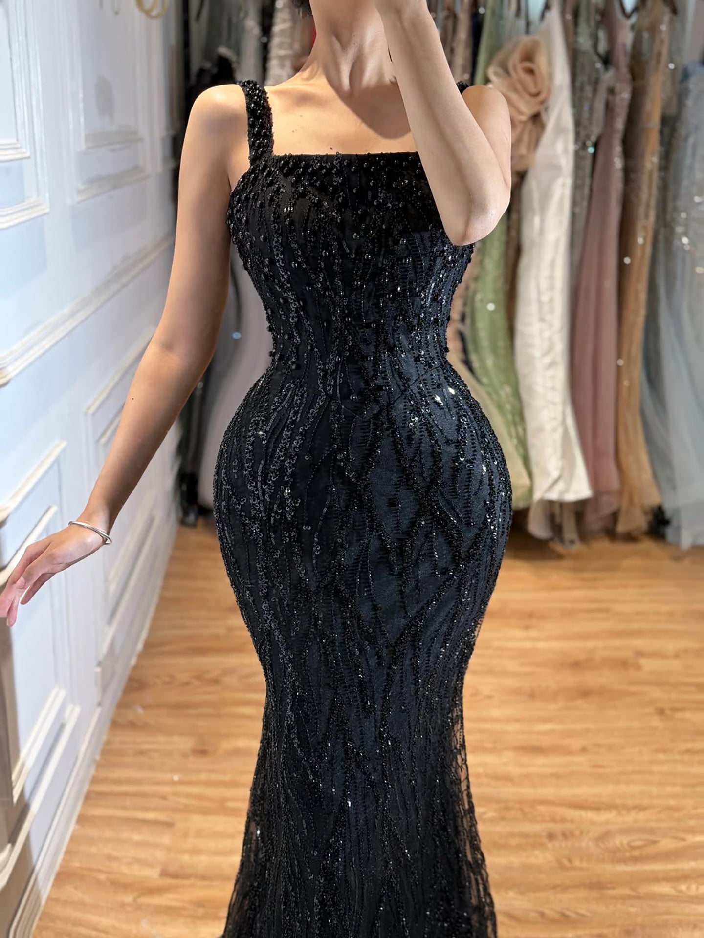 Luxury Black Square Neck Mermaid Evening Dress LA73545 SERENE HILL