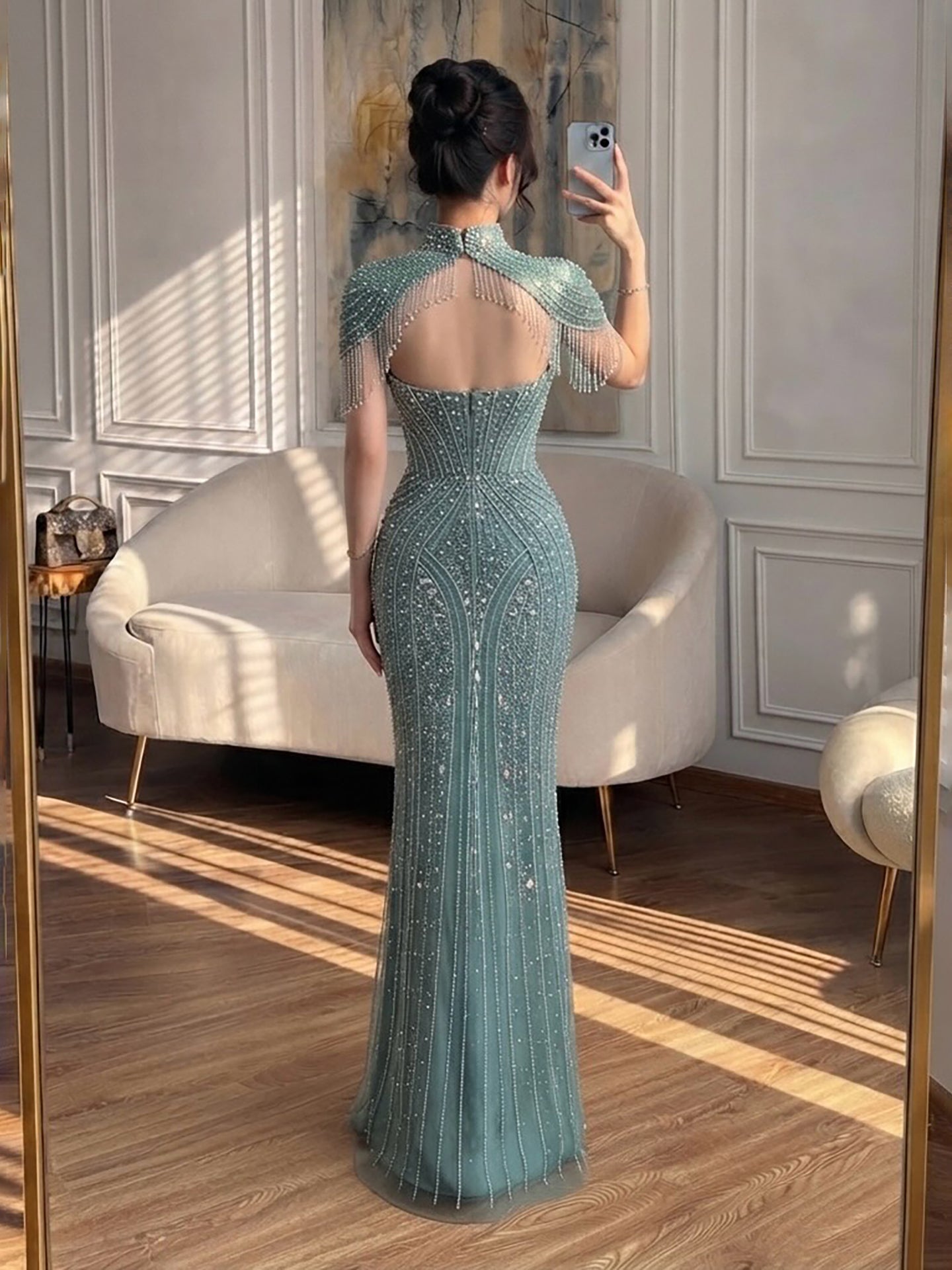 Luxury Silver Nude High Neck Tassel Beaded Mermaid Dress LA73548 SERENE HILL