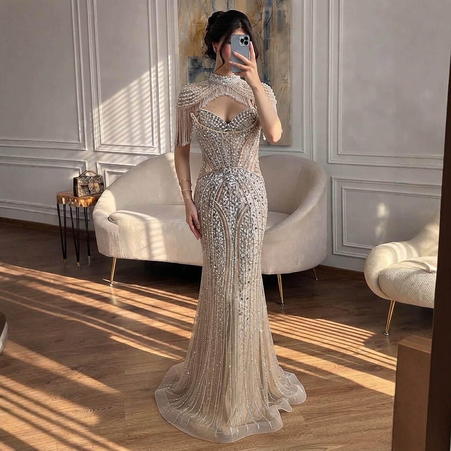 Luxury Silver Nude High Neck Tassel Beaded Mermaid Dress LA73548 SERENE HILL