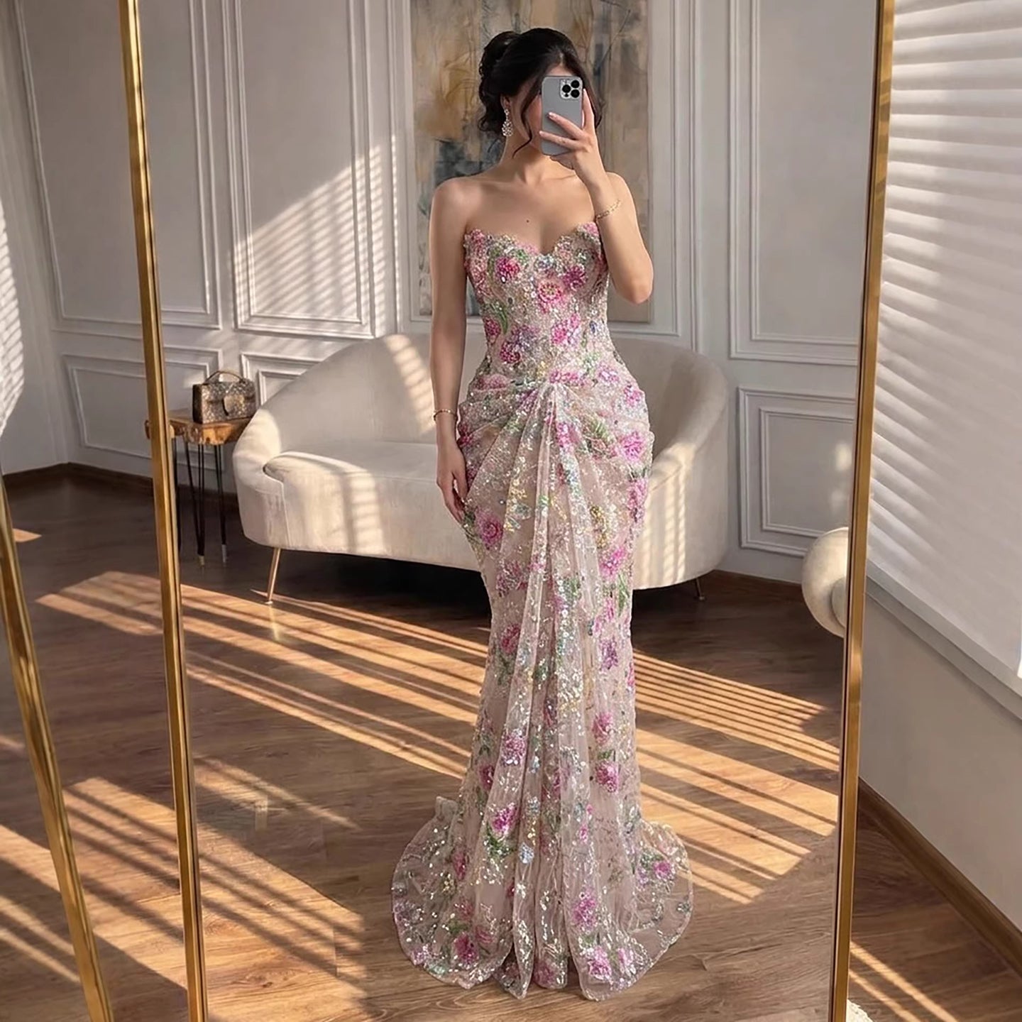 women's light pink strapless mermaid dress for a club singer Lace-Up Long Prom with Glitter Silver/French Blue / 16 and any special evening where you want romance Luxury Pink 3D Flower Strapless
