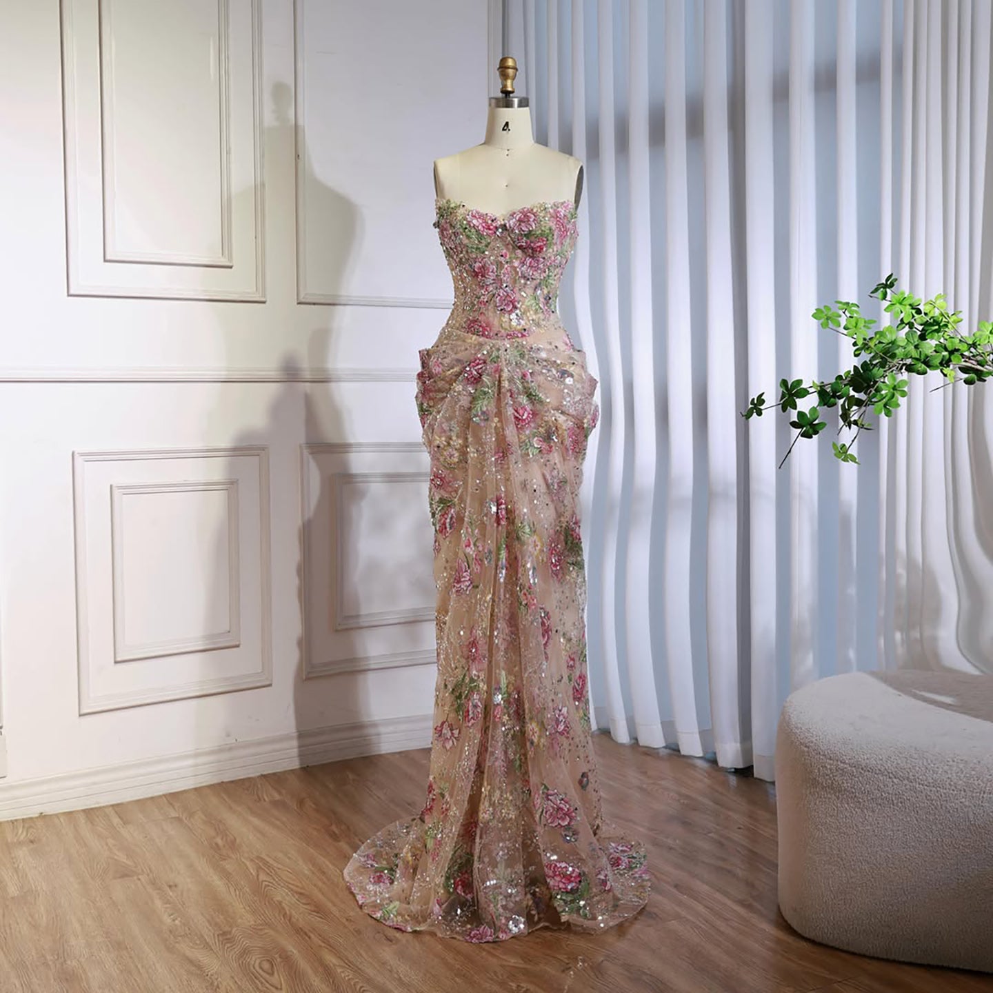 Luxury Saudi Arabic Pink 3D Flower Strapless Beaded Mermaid Evening Dress LA73552 SERENE HILL