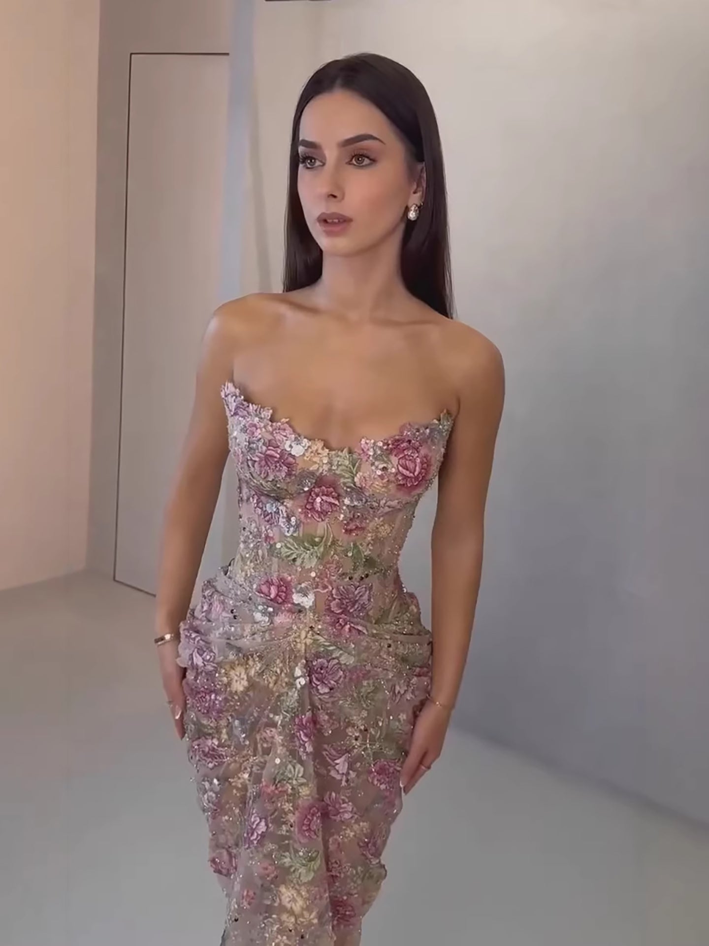 Luxury Saudi Arabic Pink 3D Flower Strapless Beaded Mermaid Evening Dress LA73552 - SERENE HILL