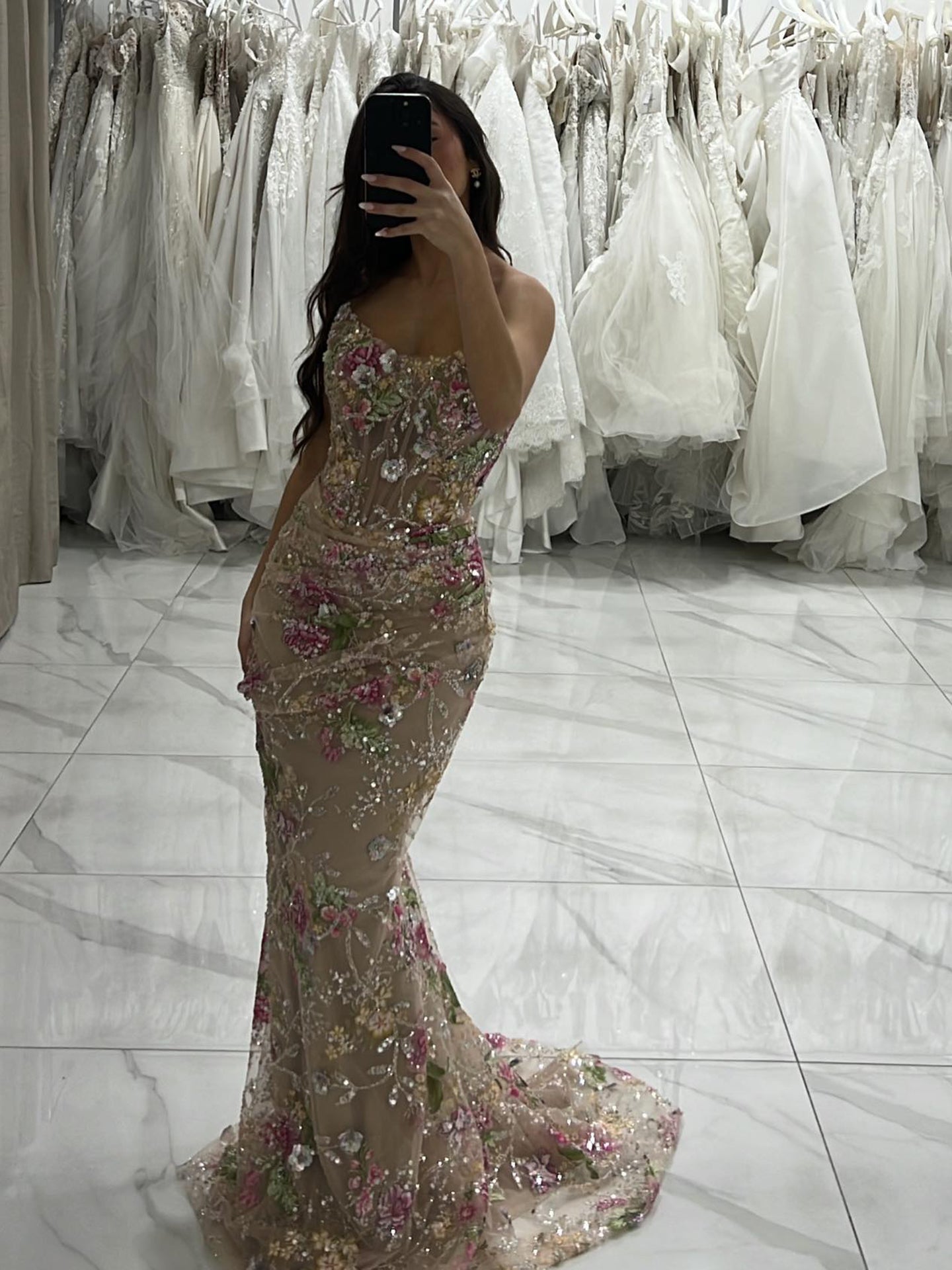 Luxury Nude Floral Beaded Sheer Mermaid Evening Dress LA73552A - SERENE HILL