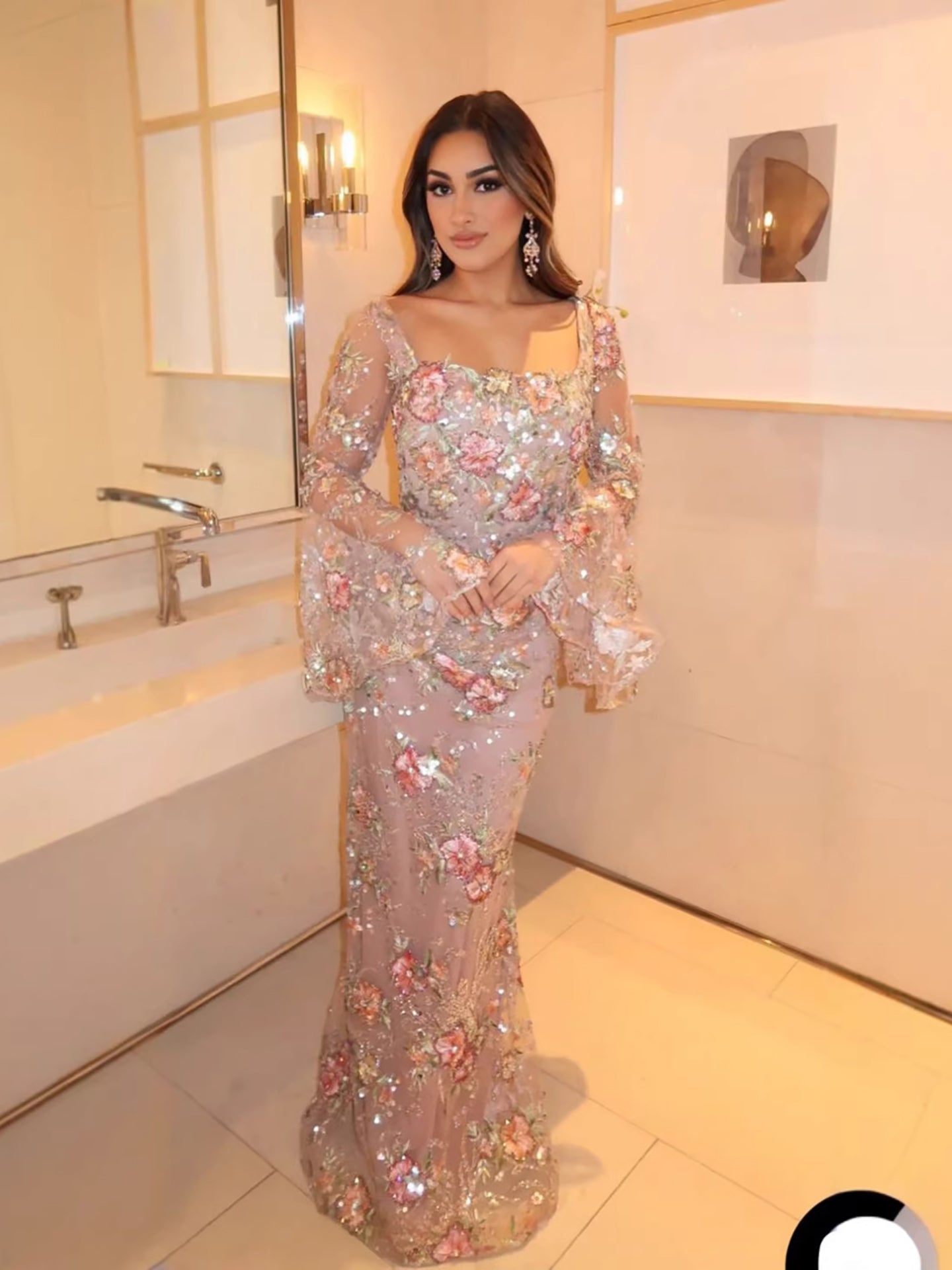 Luxury Nude Pink Floral Beaded Mermaid Evening Dress Long Sleeves LA73552B - SERENE HILL