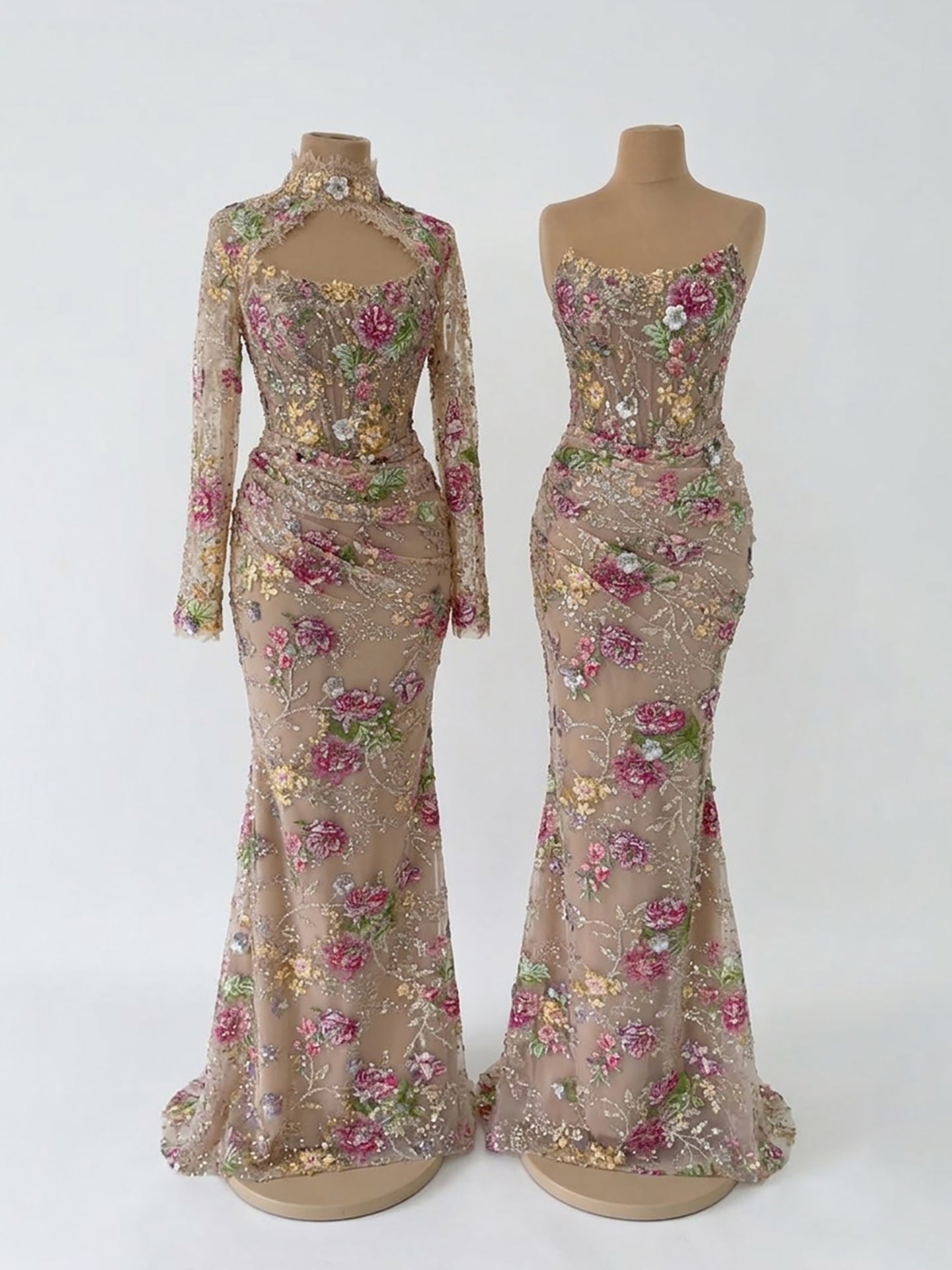 Luxury Nude Pink Floral Beaded Mermaid Evening Dress LA73552F SERENE HILL
