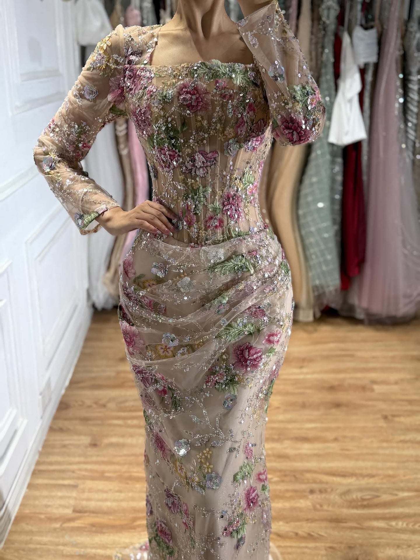 Luxury Nude Pink Floral Beaded Mermaid Evening Dress LA73552G SERENE HILL