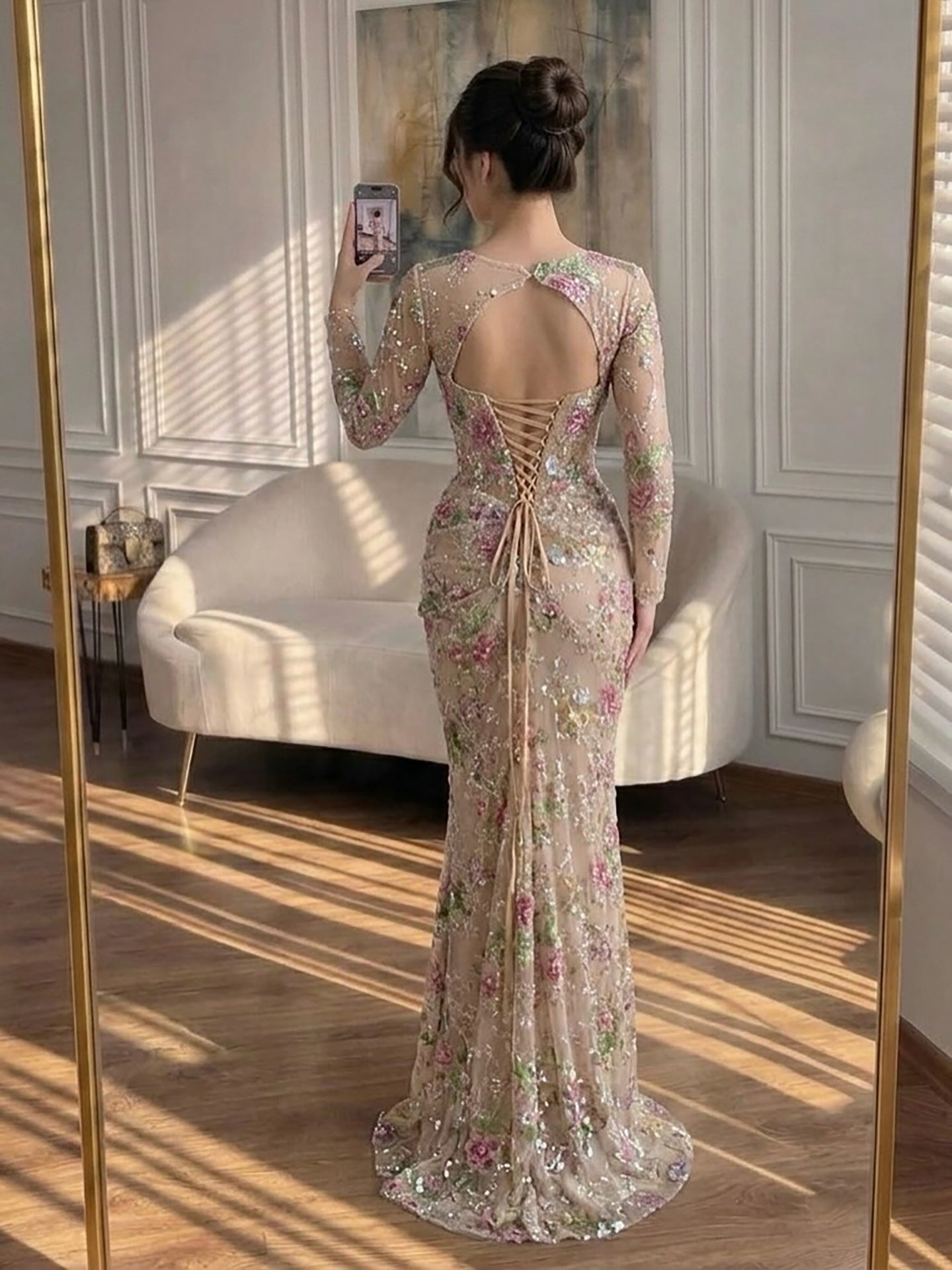 Luxury Nude Pink Floral Beaded Mermaid Evening Dress LA73552G SERENE HILL