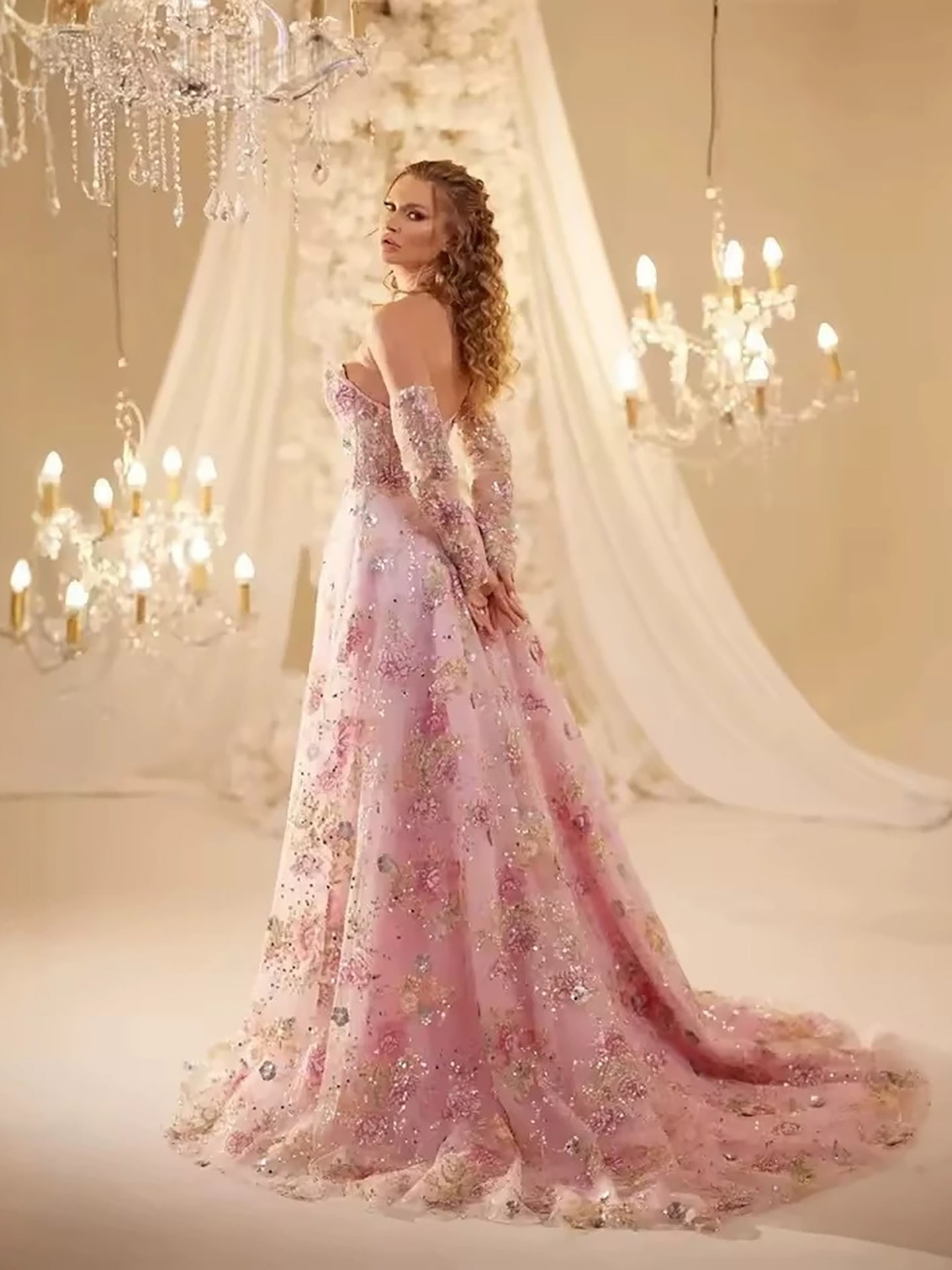 Luxury Pink Floral Beaded A Line Dress with Sleeves LA73552H SERENE HILL
