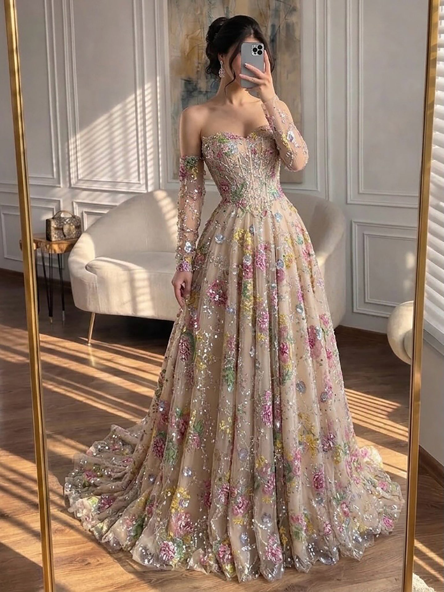 Luxury Pink Floral Beaded A Line Dress with Sleeves LA73552H SERENE HILL