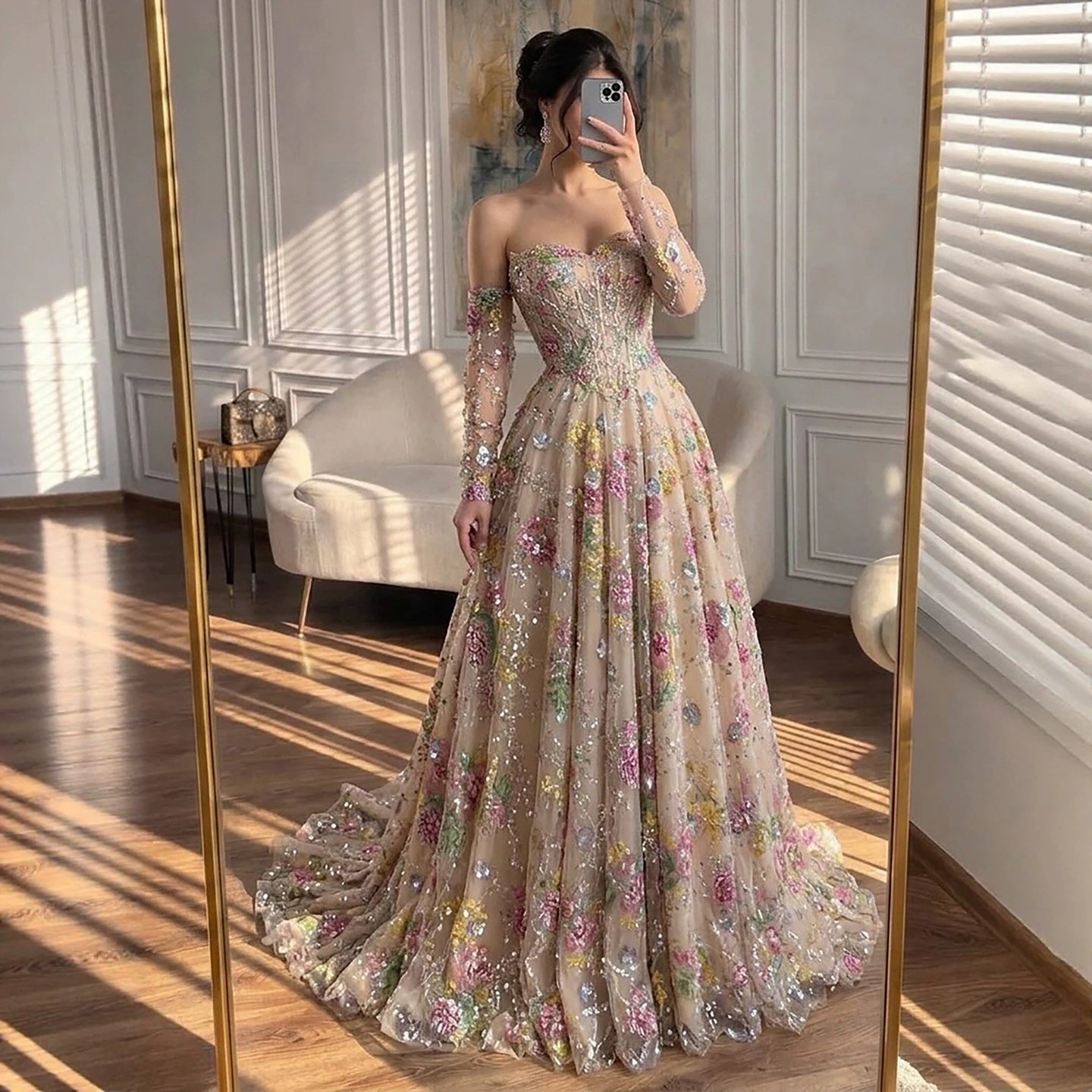 Luxury Pink Floral Beaded A Line Dress with Sleeves LA73552H SERENE HILL