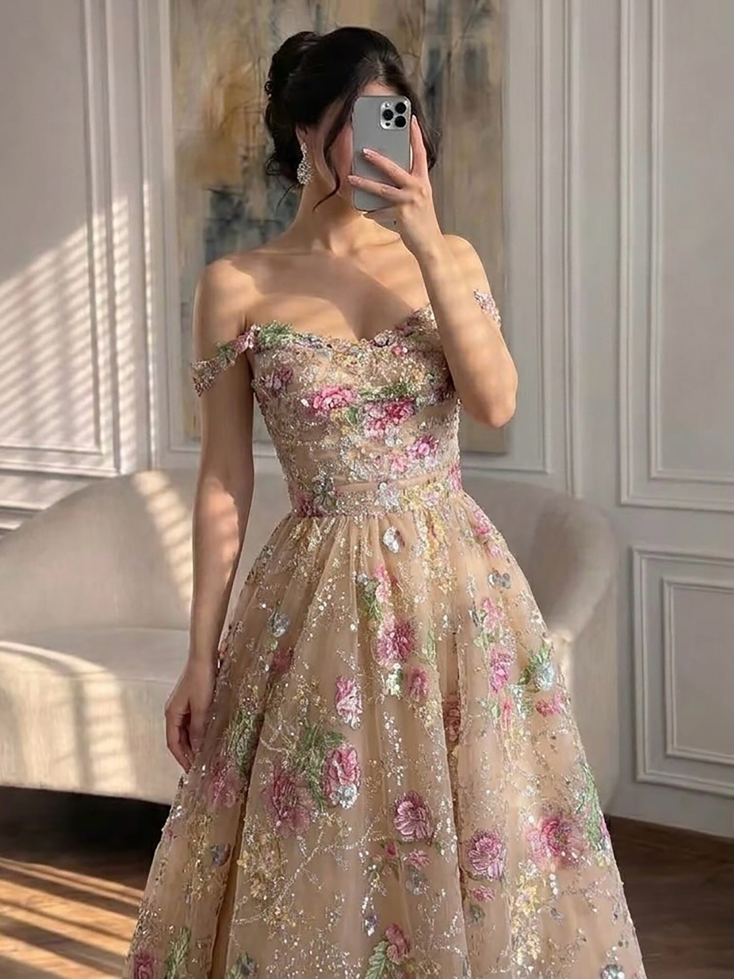 Luxury Nude Pink Off-Shoulder Floral Evening Dress LA73552K SERENE HILL
