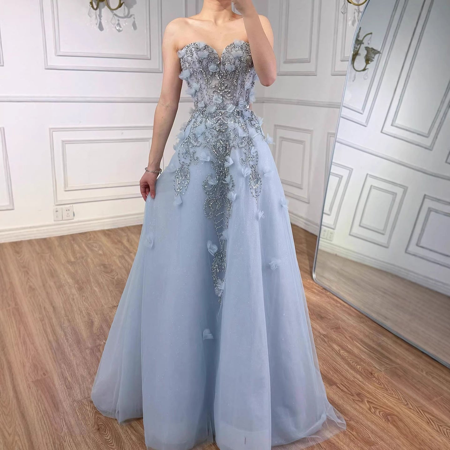 Luxury Blue Strapless 3D Flower Beaded A-Line Prom Dress LA73553 Blue / 4