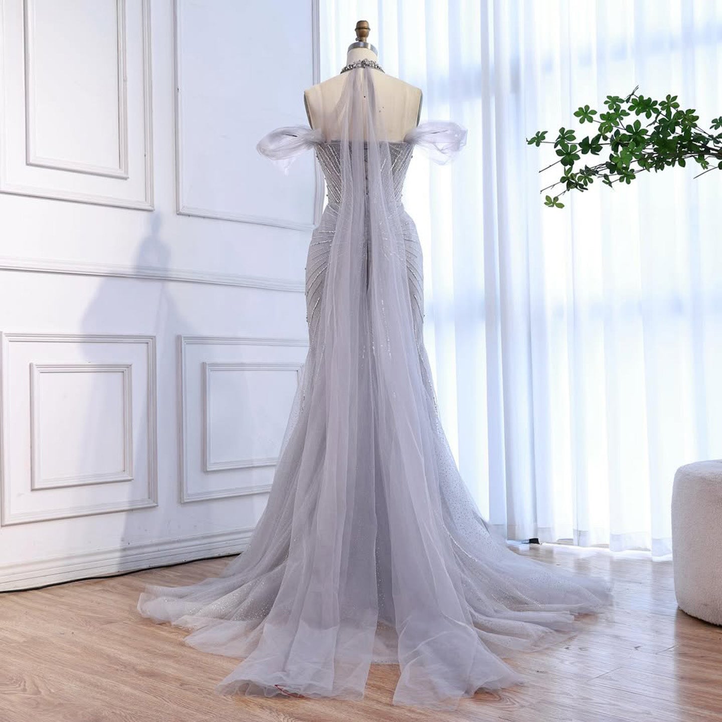 Luxury Gray Off The Shoulder Feather Beaded Mermaid Evening Dress LA73554
