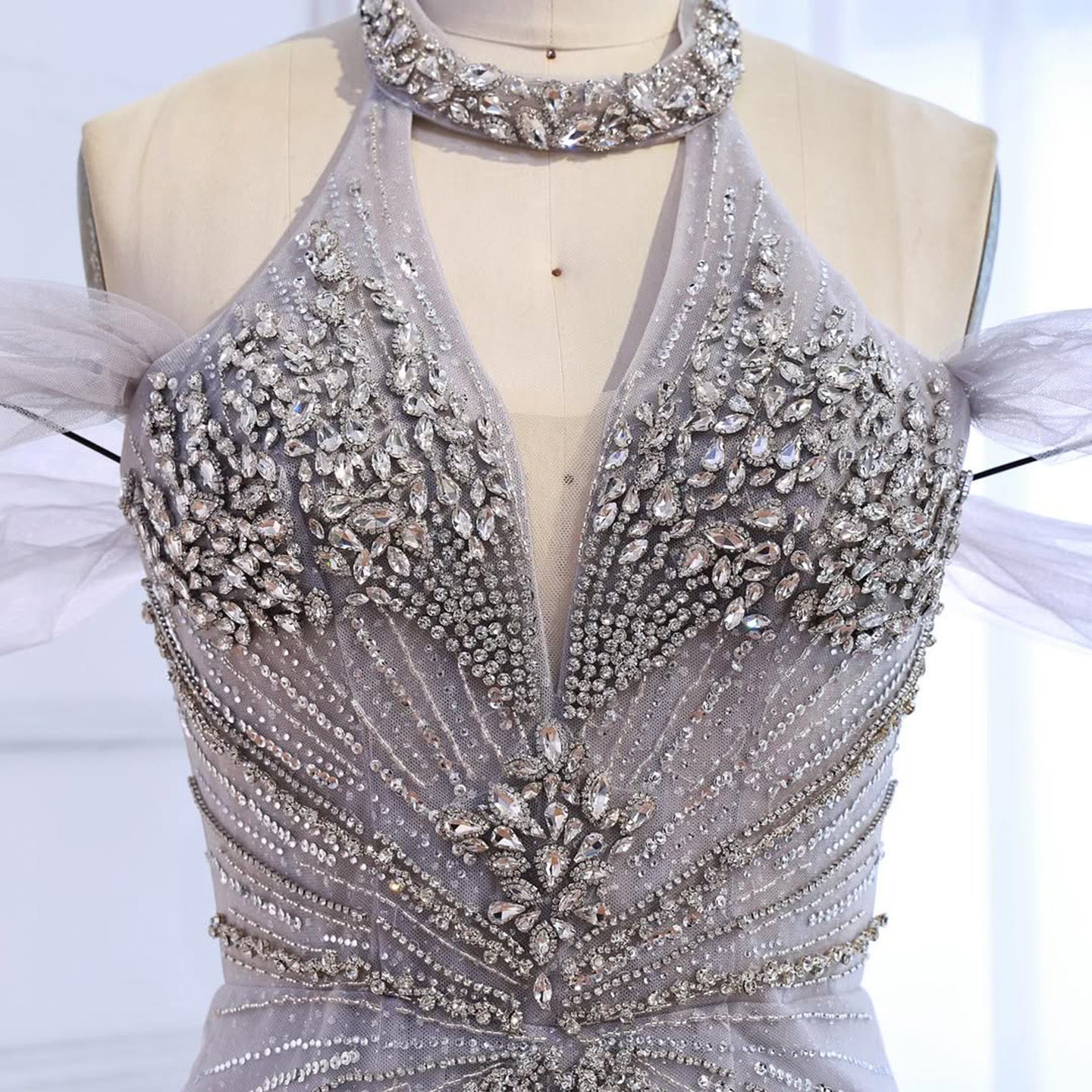 Luxury Gray Off The Shoulder Feather Beaded Mermaid Evening Dress LA73554