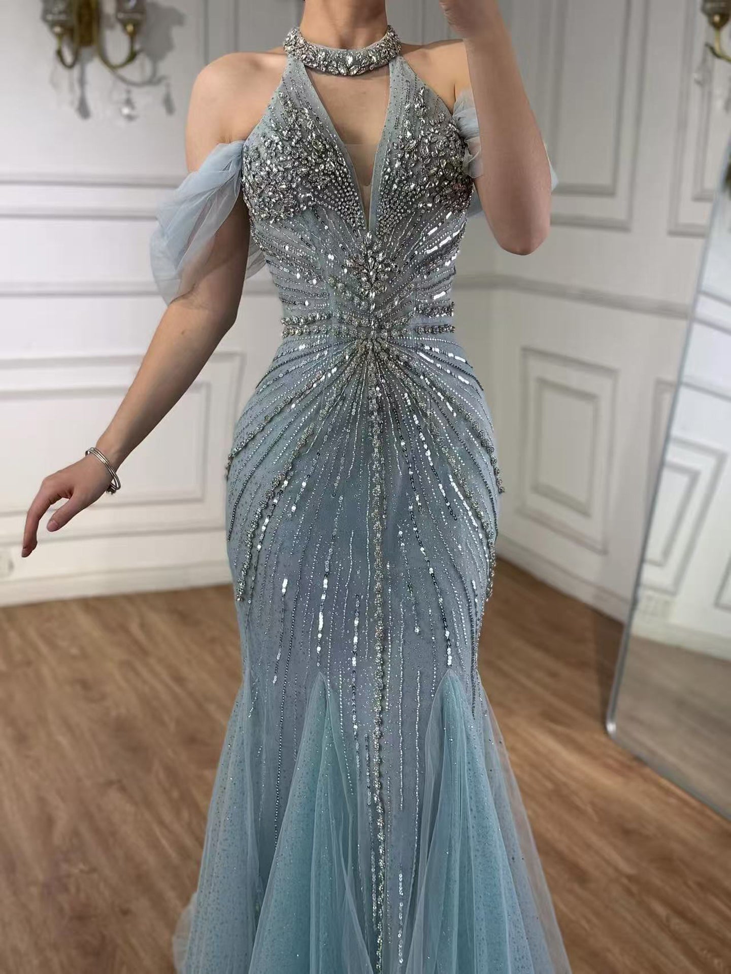 Luxury Gray Off The Shoulder Feather Beaded Mermaid Evening Dress LA73554