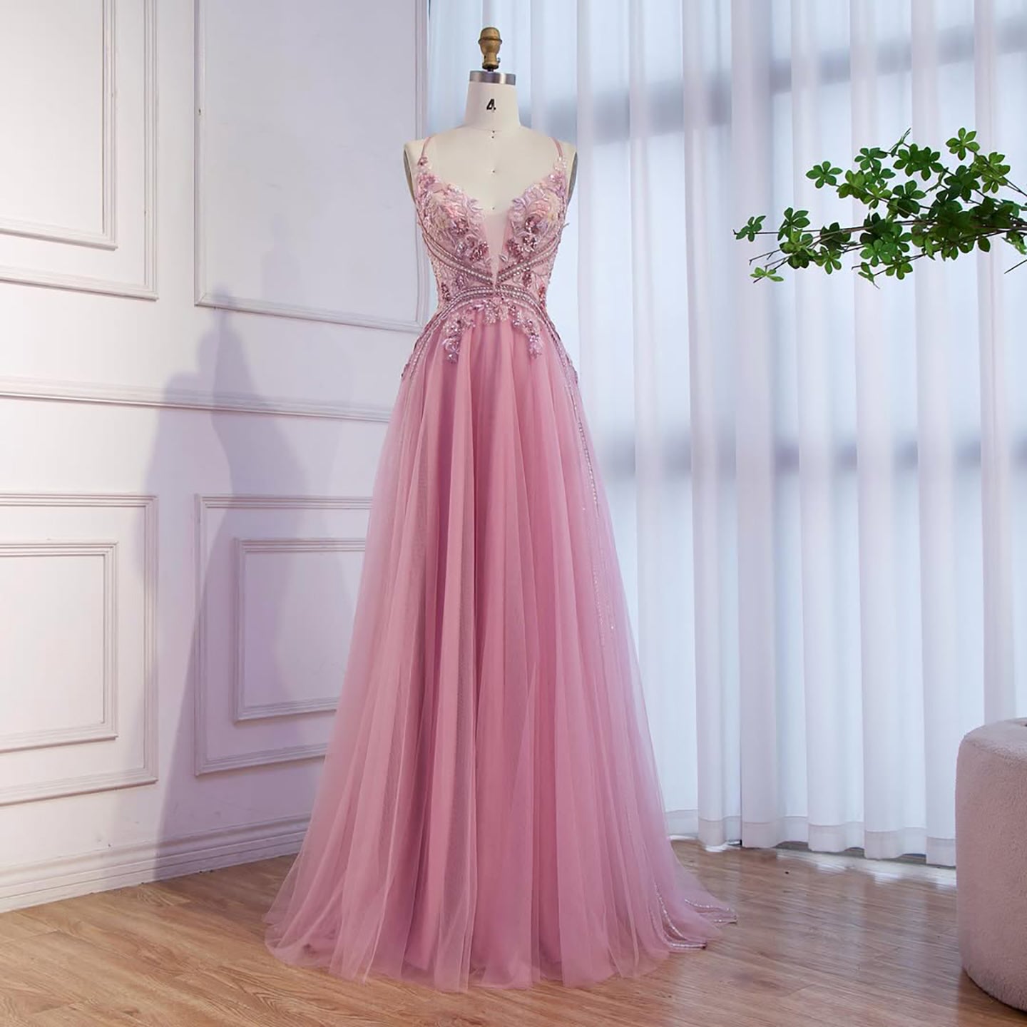 Dubai Pink Spaghetti Strap Flower A Line Beaded Evening Prom Dress LA73557