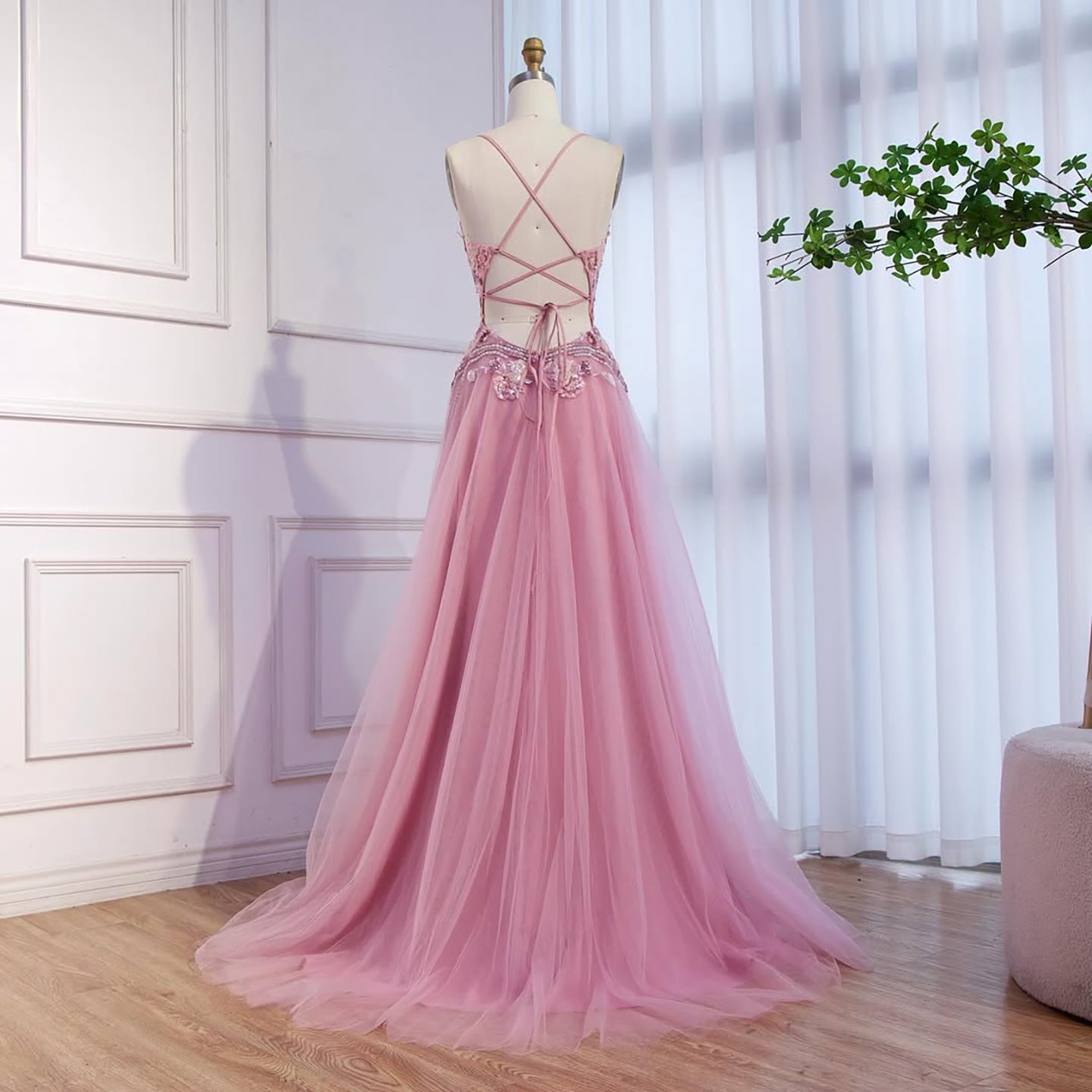 Dubai Pink Spaghetti Strap Flower A Line Beaded Evening Prom Dress LA73557