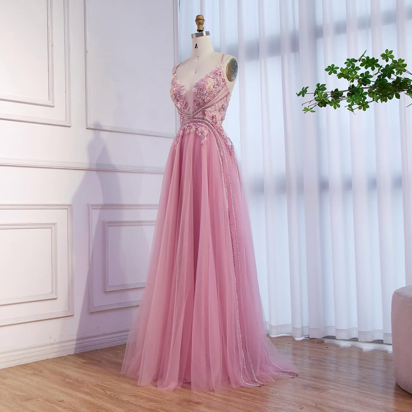 Dubai Pink Spaghetti Strap Flower A Line Beaded Evening Prom Dress LA73557