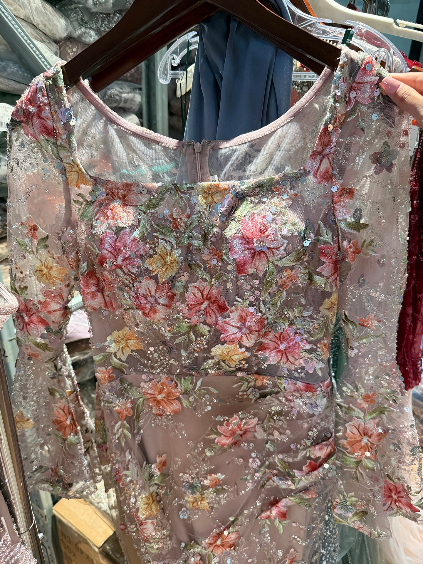 Luxury Nude Pink Floral Beaded Mermaid Evening Dress Long Sleeves LA73552B SERENE HILL