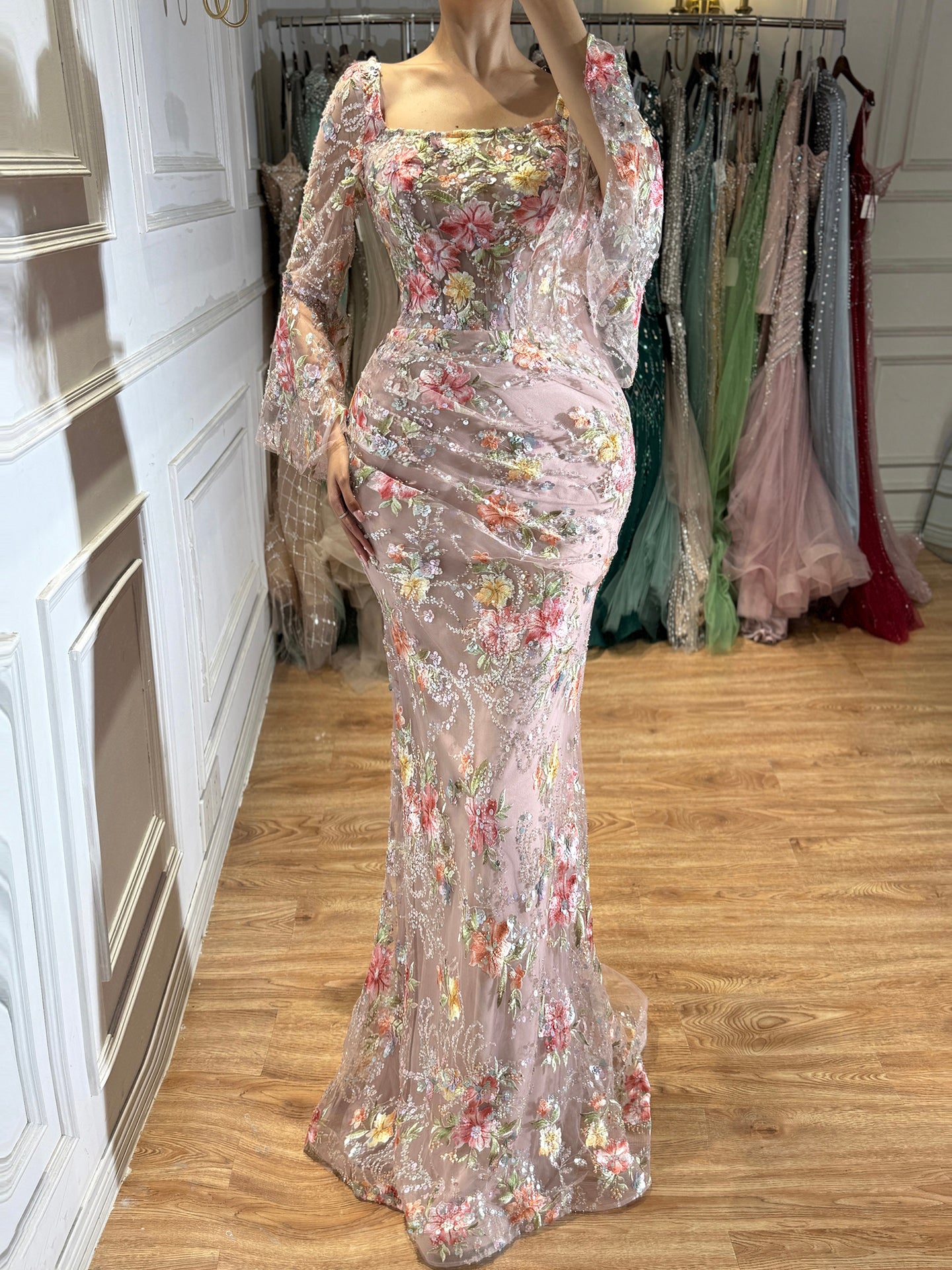 Luxury Nude Pink Floral Beaded Mermaid Evening Dress Long Sleeves LA73552B SERENE HILL