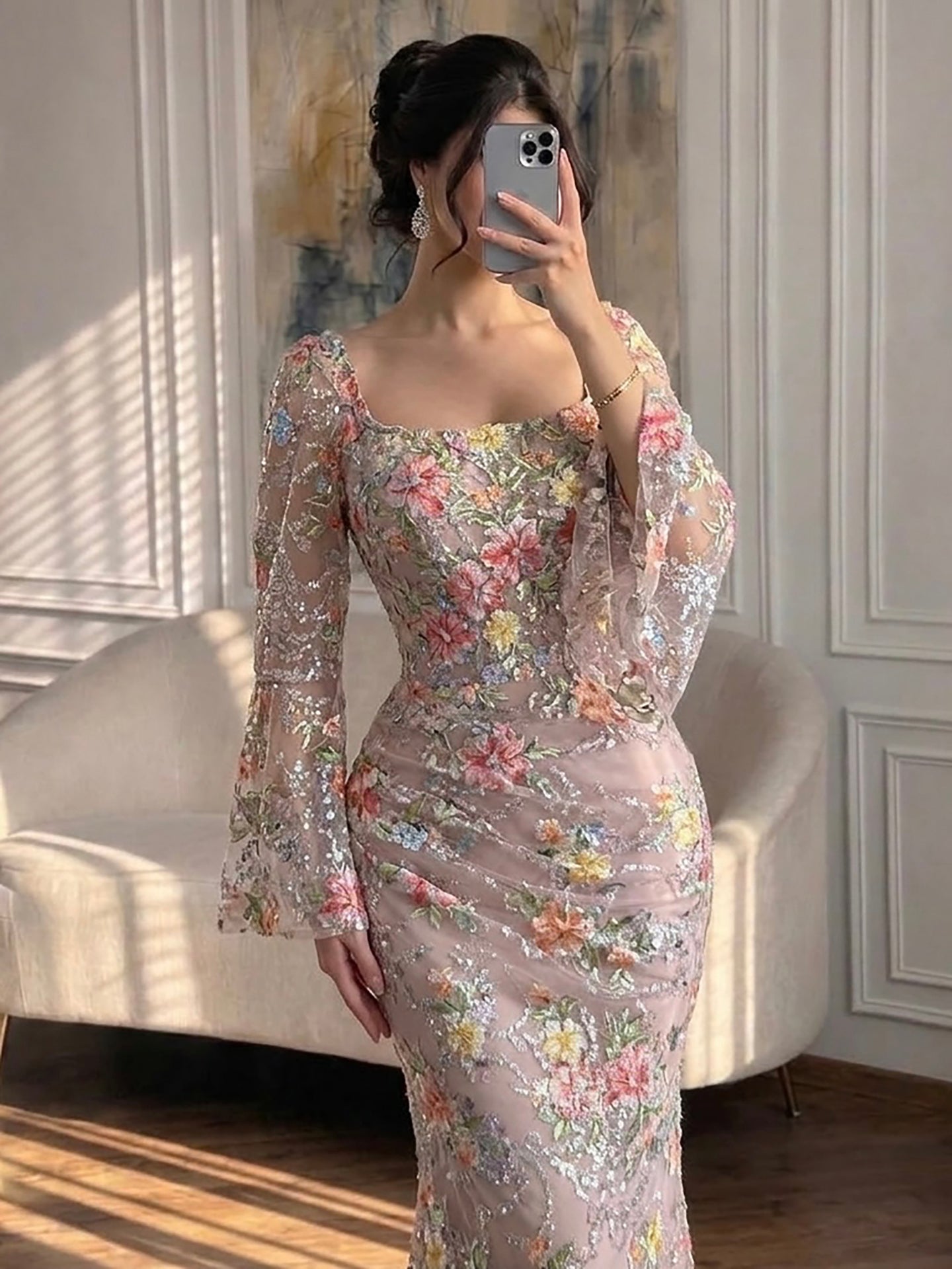 Luxury Nude Pink Floral Beaded Mermaid Evening Dress Long Sleeves LA73552B SERENE HILL