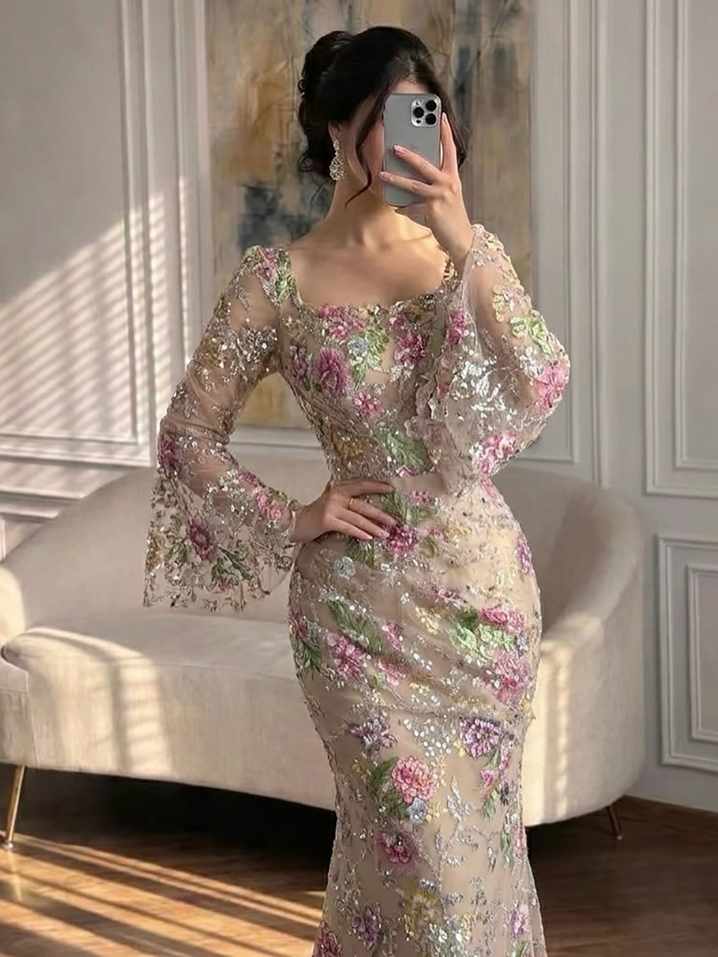 Luxury Nude Pink Floral Beaded Mermaid Evening Dress Long Sleeves LA73552B SERENE HILL