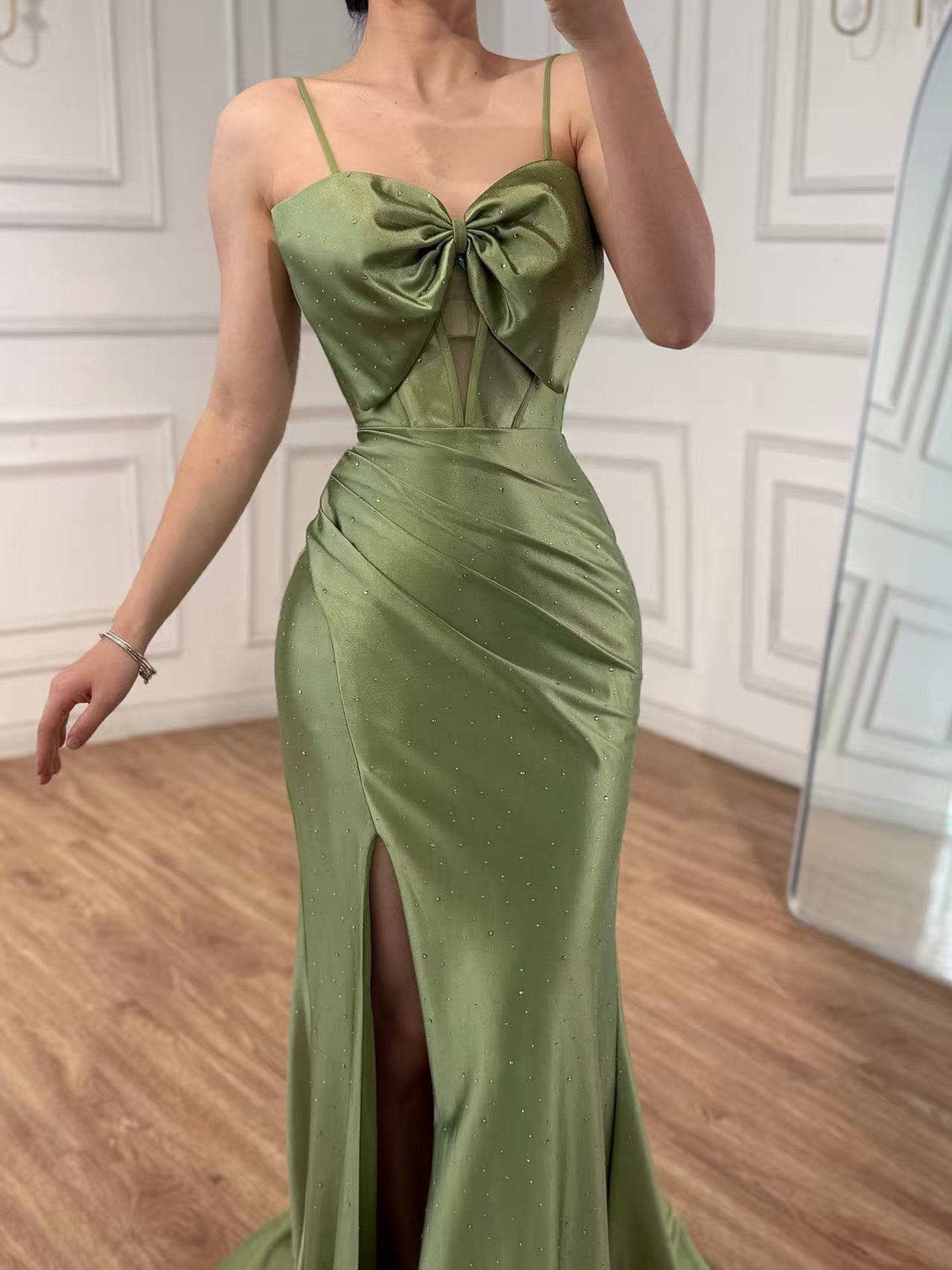 Luxury Olive Green Prom Dress with Bow Rhinestone High Split LA73573