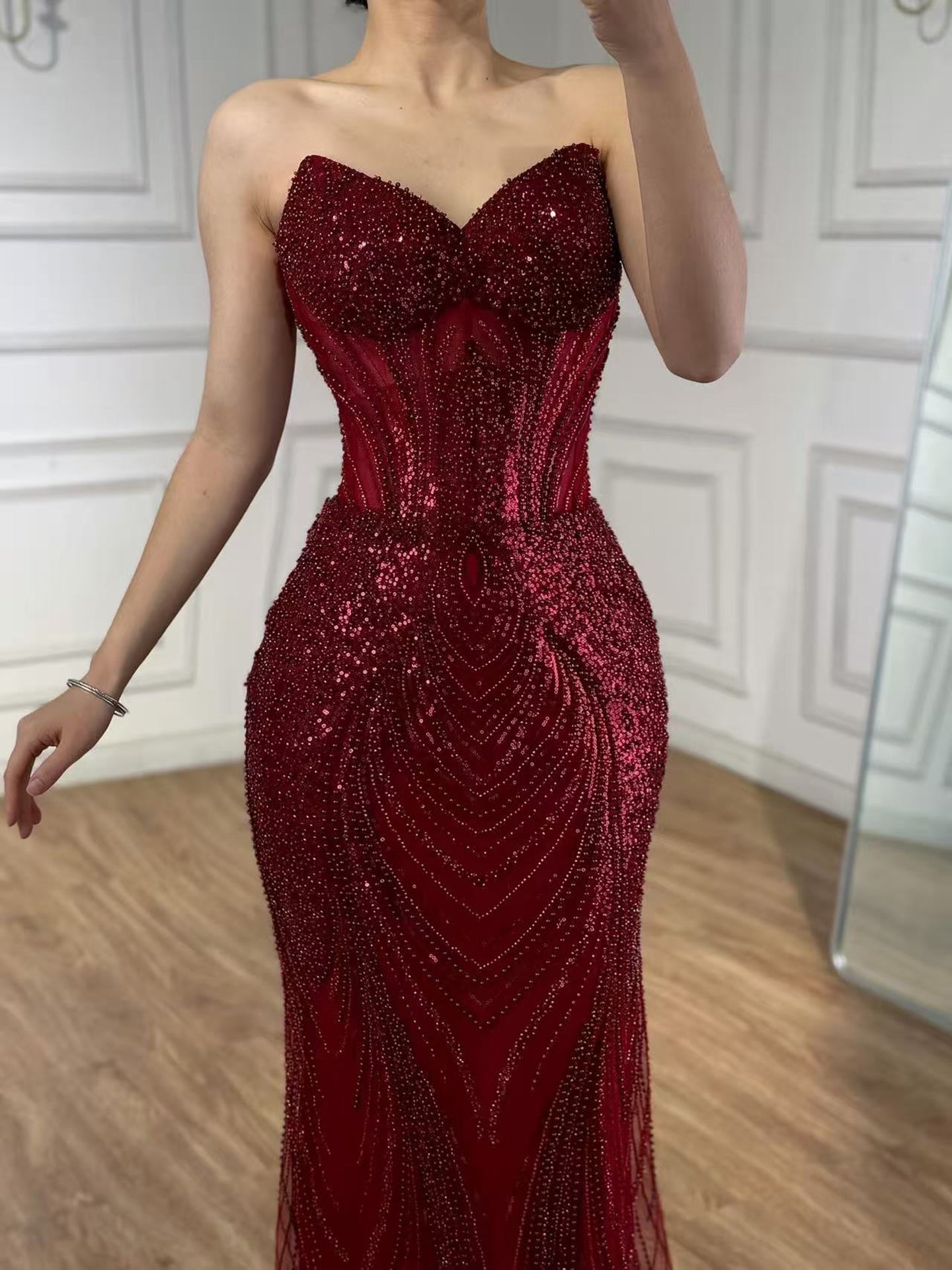 Luxury Green Beaded Mermaid Strapless Evening Dress LA73577