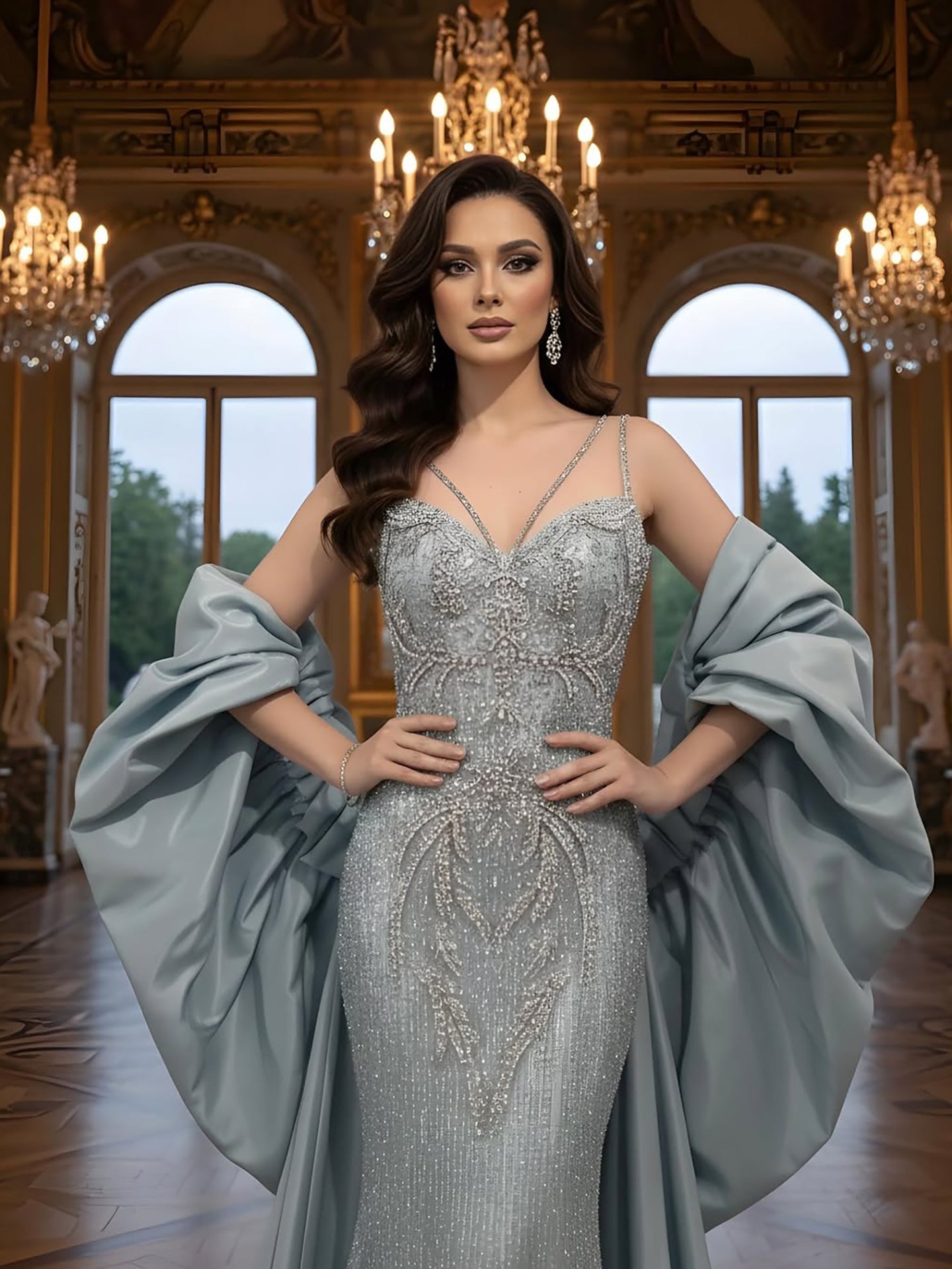 Luxury Turquoise Beaded Mermaid Evening Dress With Cape LA73582 - SERENE HILL