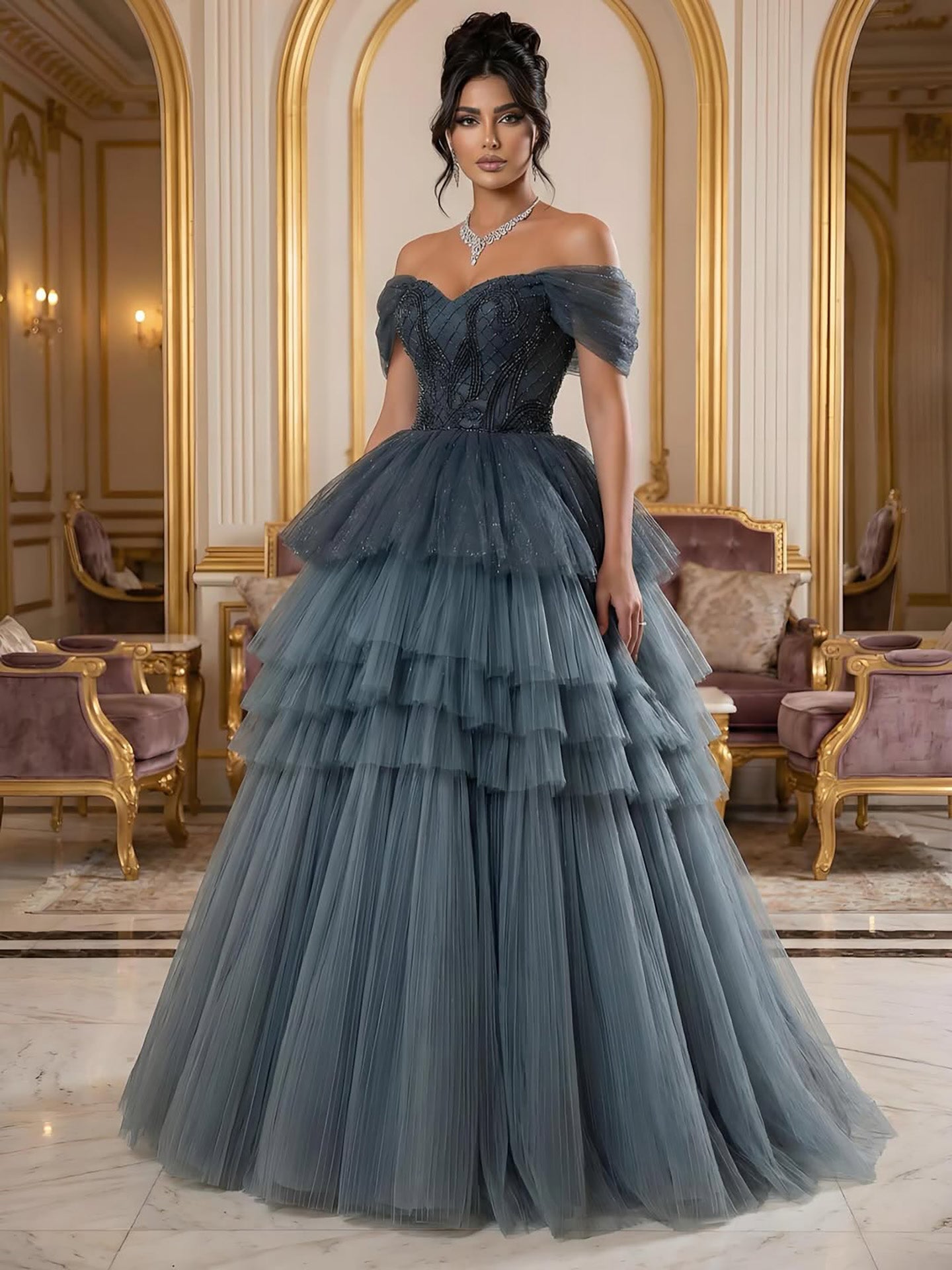 Luxury Blue Beaded Off Shoulder A Line Tiered Tulle Evening Dress LA73583