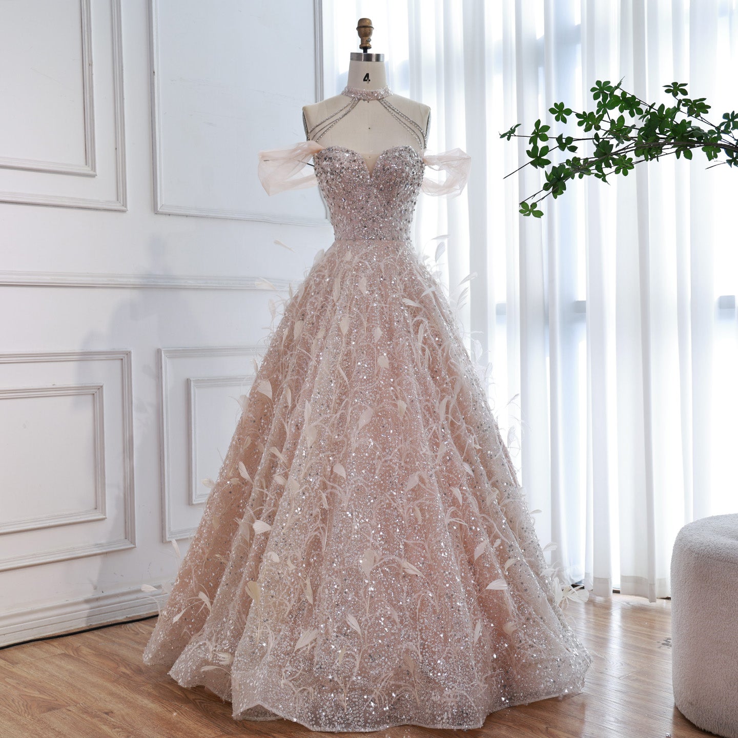 Luxury Pink Off The Shoulder 3D Flower Beaded Ball Gown LA73585 - SERENE HILL