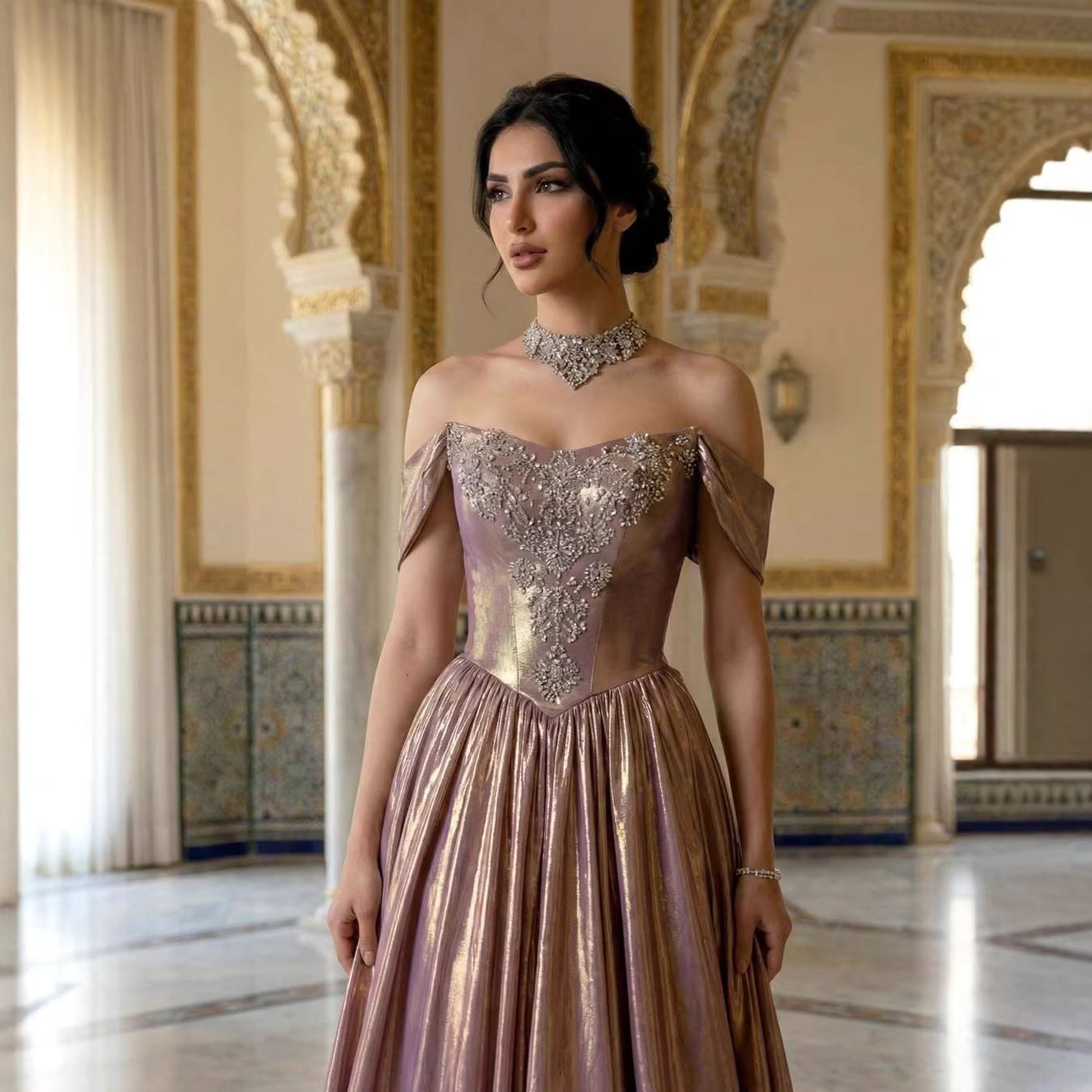 Luxury Purple Gold Crystal Beaded A Line Evening Dress LA73588 - SERENE HILL