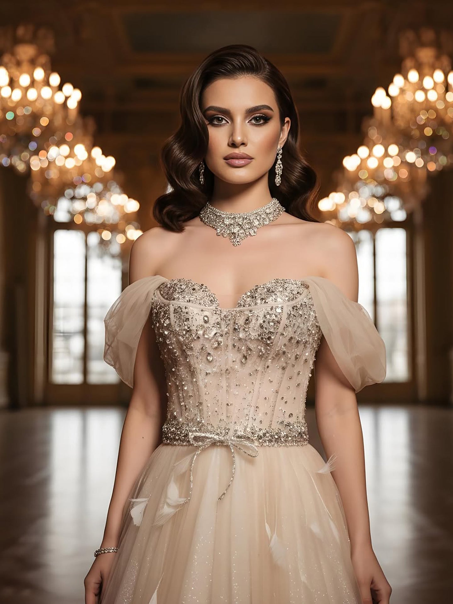 Luxury Champagne Crystal Beaded Feather A Line Evening Dress LA73591 - SERENE HILL