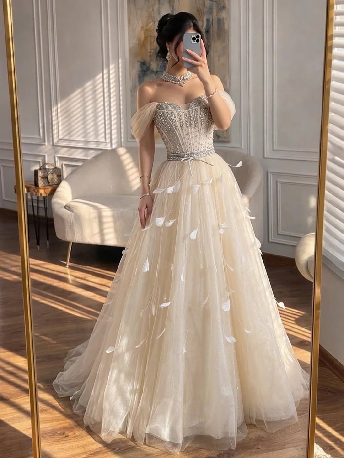Luxury Champagne Crystal Beaded Feather A Line Evening Dress LA73591 - SERENE HILL