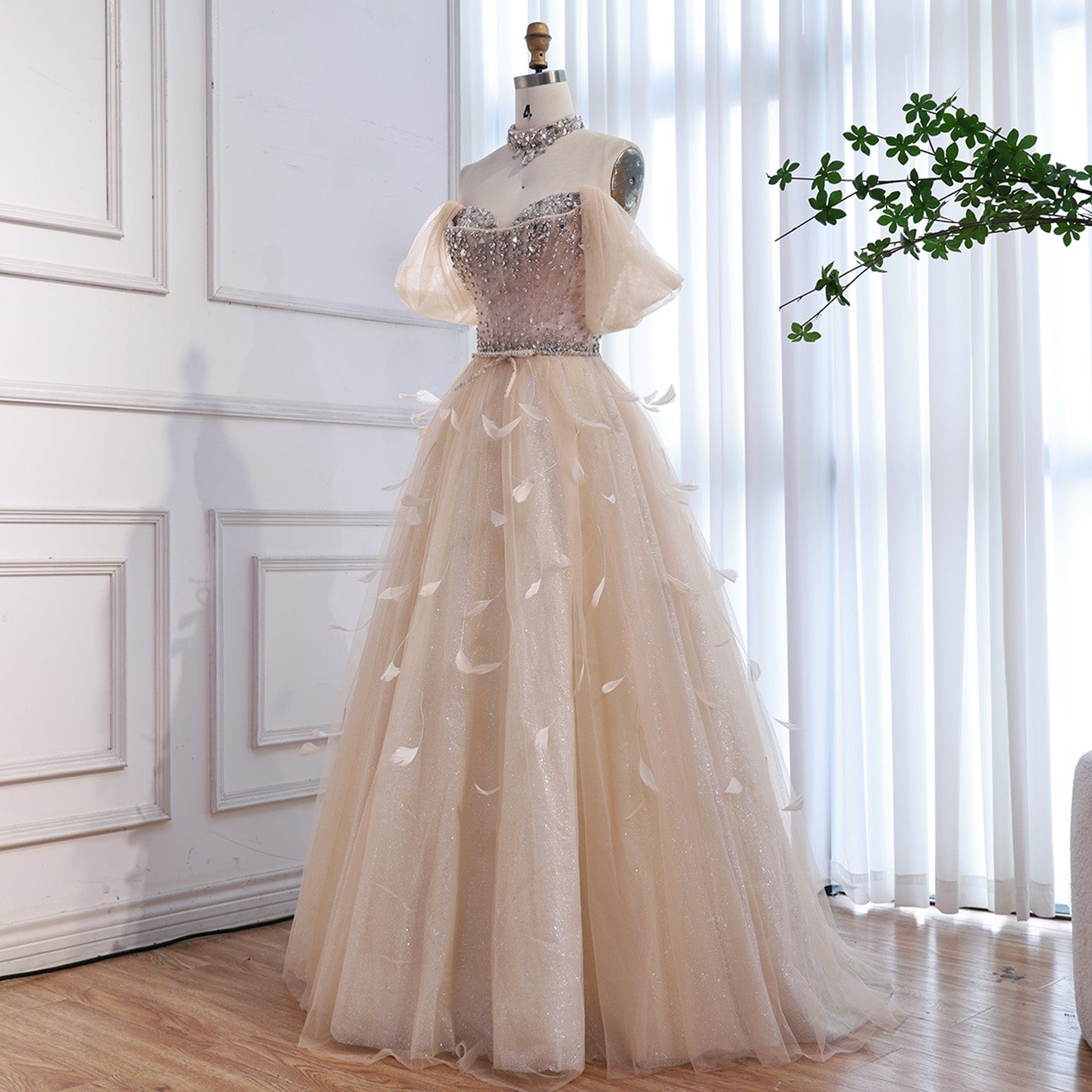 Luxury Champagne Crystal Beaded Feather A Line Evening Dress LA73591 - SERENE HILL