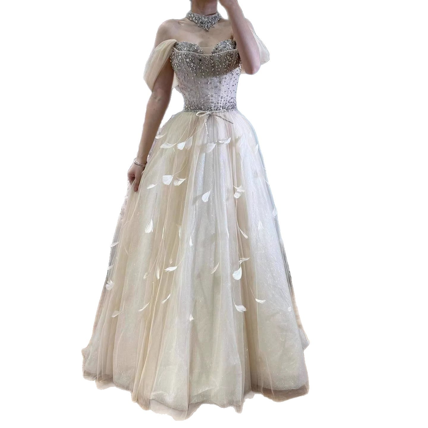 Luxury Champagne Crystal Beaded Feather A Line Evening Dress LA73591 - SERENE HILL