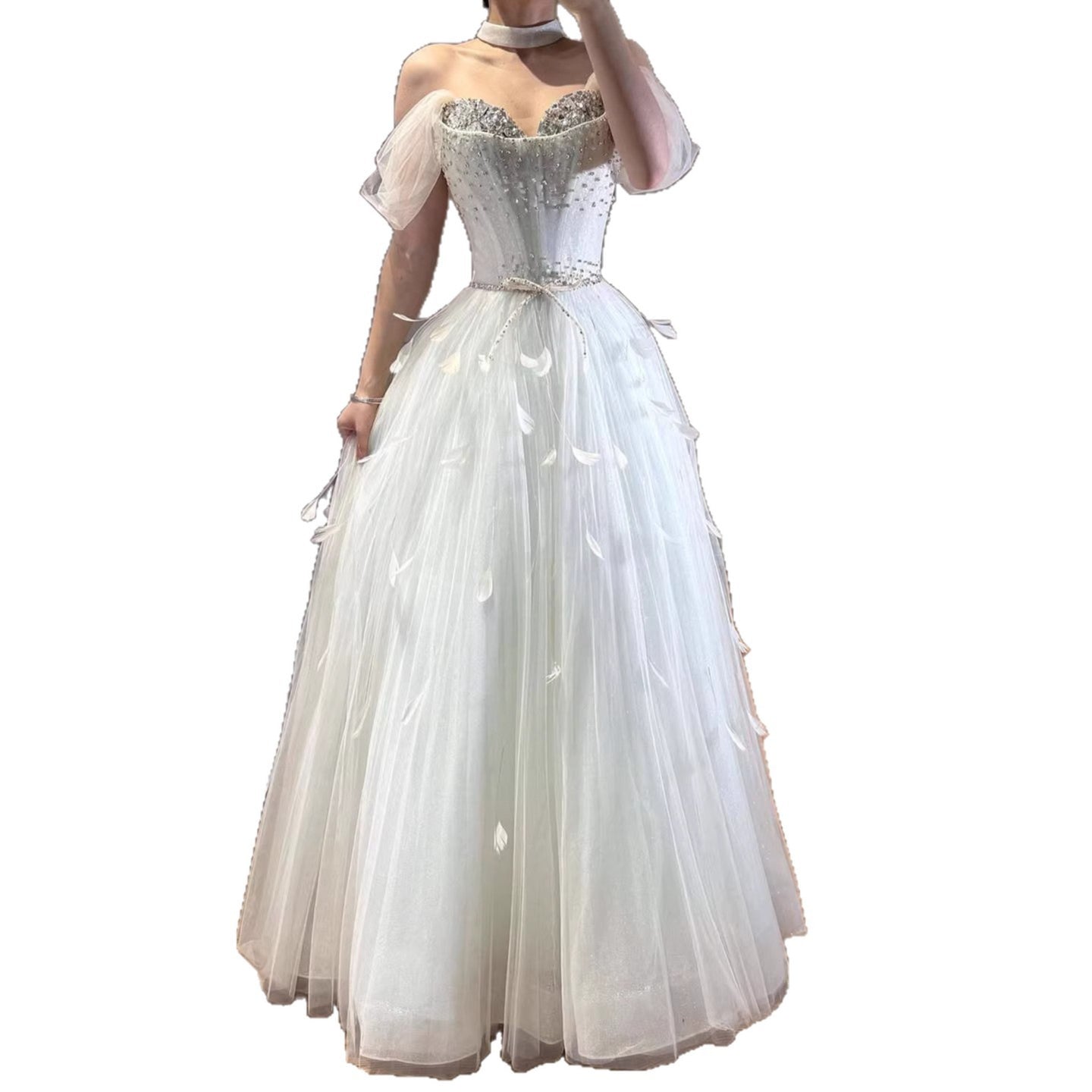 Luxury White Crystal Beaded Feather A-Line Evening Dress LA73591A - SERENE HILL