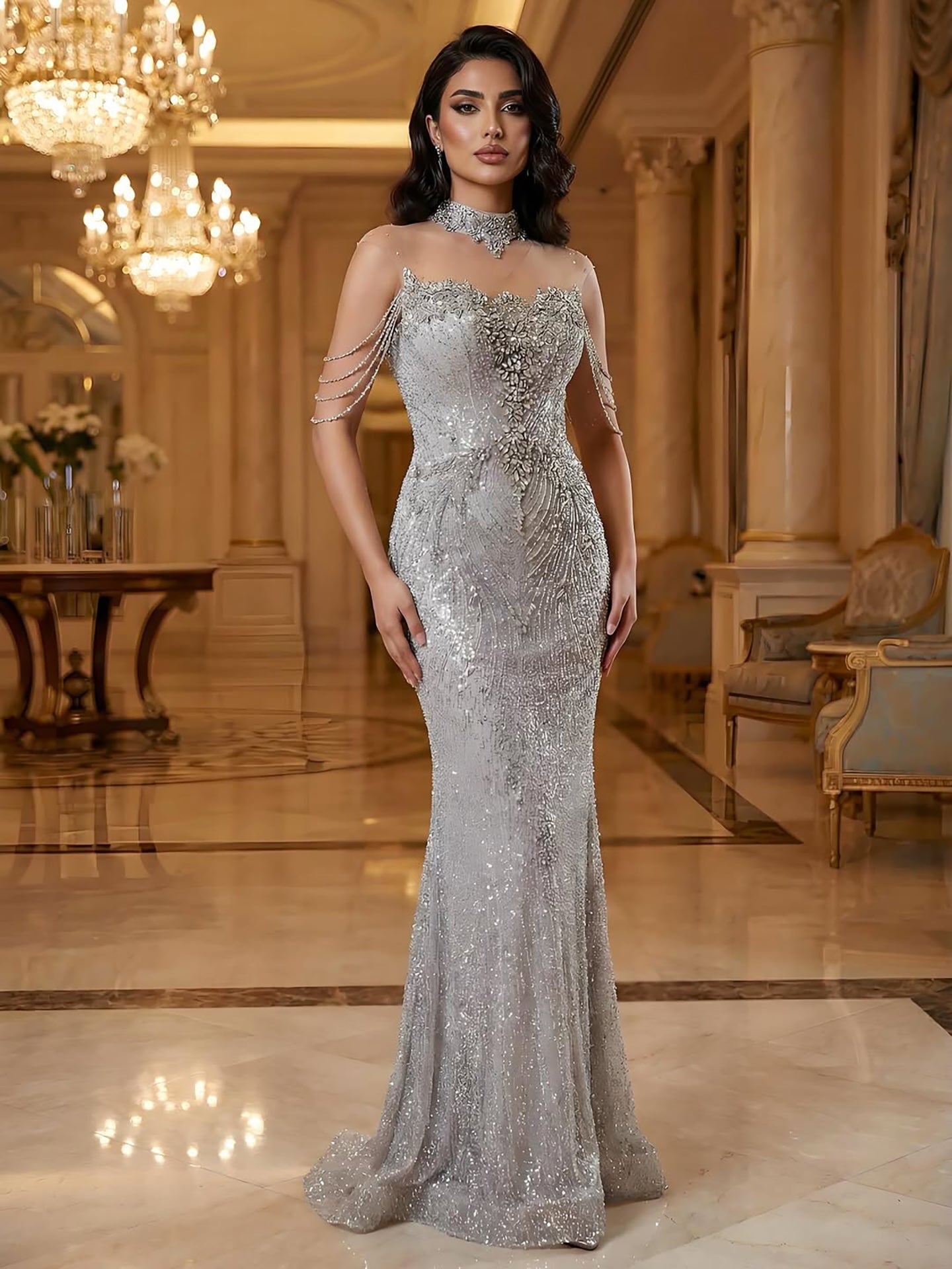 Luxury Gray Crystal Beaded Mermaid Evening Dress LA73592 - SERENE HILL