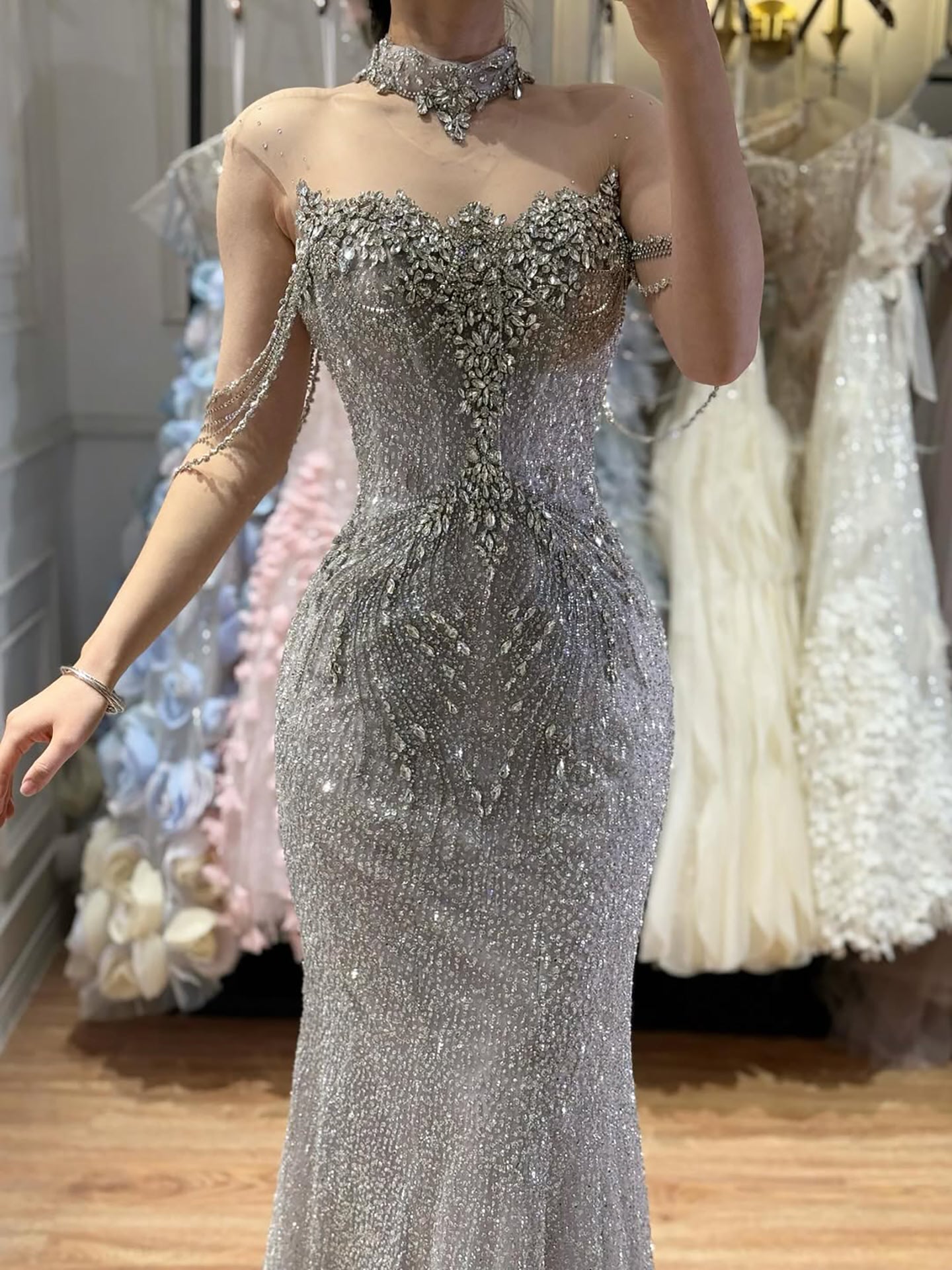 Luxury Gray Crystal Beaded Mermaid Evening Dress LA73592 - SERENE HILL